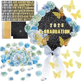 49 Pcs Graduation Cap Decorations Kit, Assorted Artificial Flowers, Rhinestones, Alphabet and Number Stickers, Butterflies and Bow for DIY Grad Cap Topper Craft Class of 2025 Party Supplies (Blue)