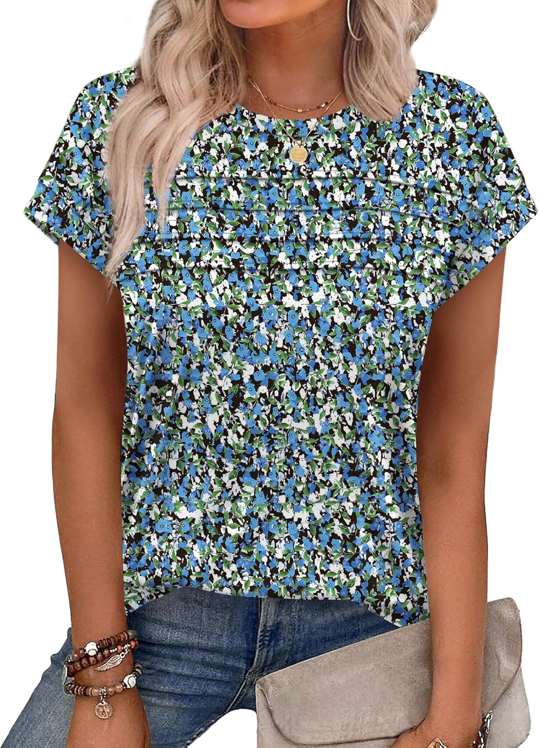 Womens trendy summer tops with cap sleeve and pleated front