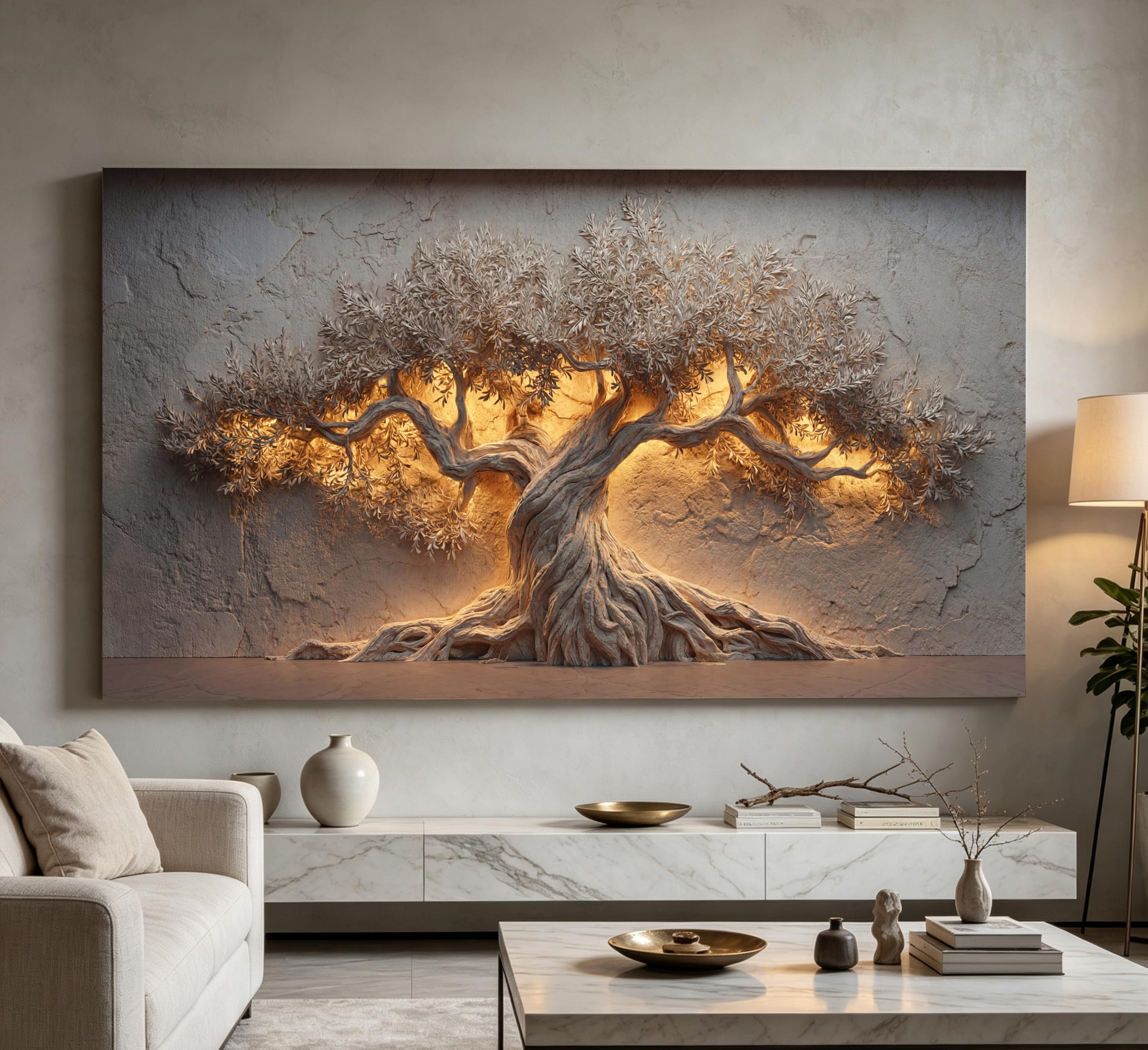 Photo 1 of ZAWUDVC Large Tree of Life Wall Art, Neutral Nature Big Tree Botanical Canvas Print Poster, Rustic Stone Wall Decor for Living Room Bedroom Hotel, Earth Tone,