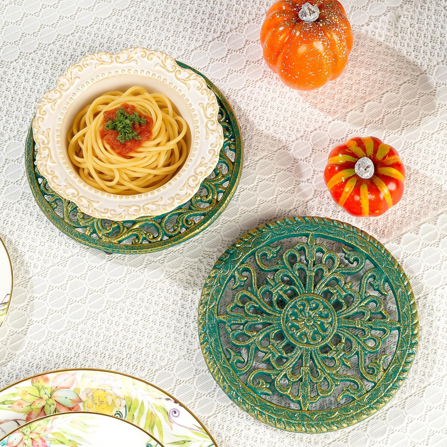 Sungmor 2 Pack Cast Iron Trivets for Hot Dishes - Round Decorative Metal Pot Plate Holder, Heat Resistant Table & Counter Protector for Kitchen and Dining - Vintage Scroll Pattern, Teal Finish