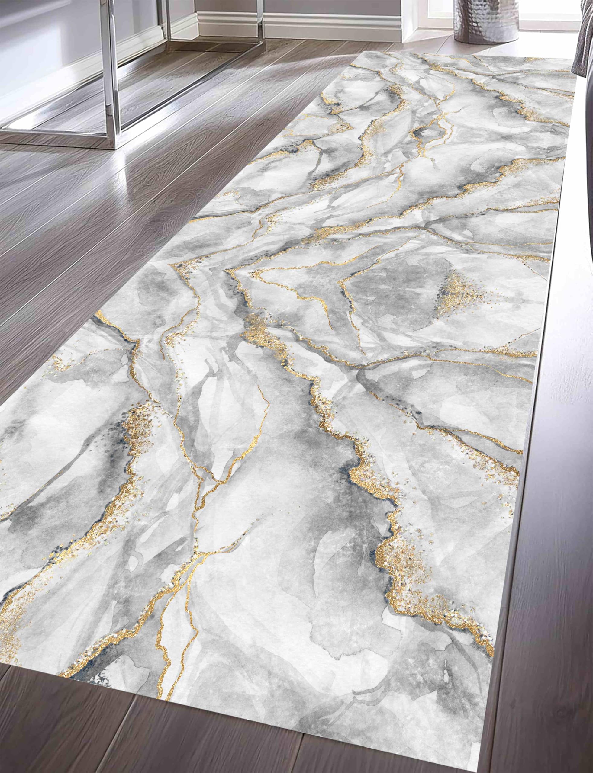Kuluoits Marble Hallway Runner Rug,60x300cm, Gray And White Abstract Art Aesthetic Washable Entrance Long Carpet, Soft Non-Slip Low Pile Non-Shedding Runner Suitable for Kitchen Laundry Bedroom