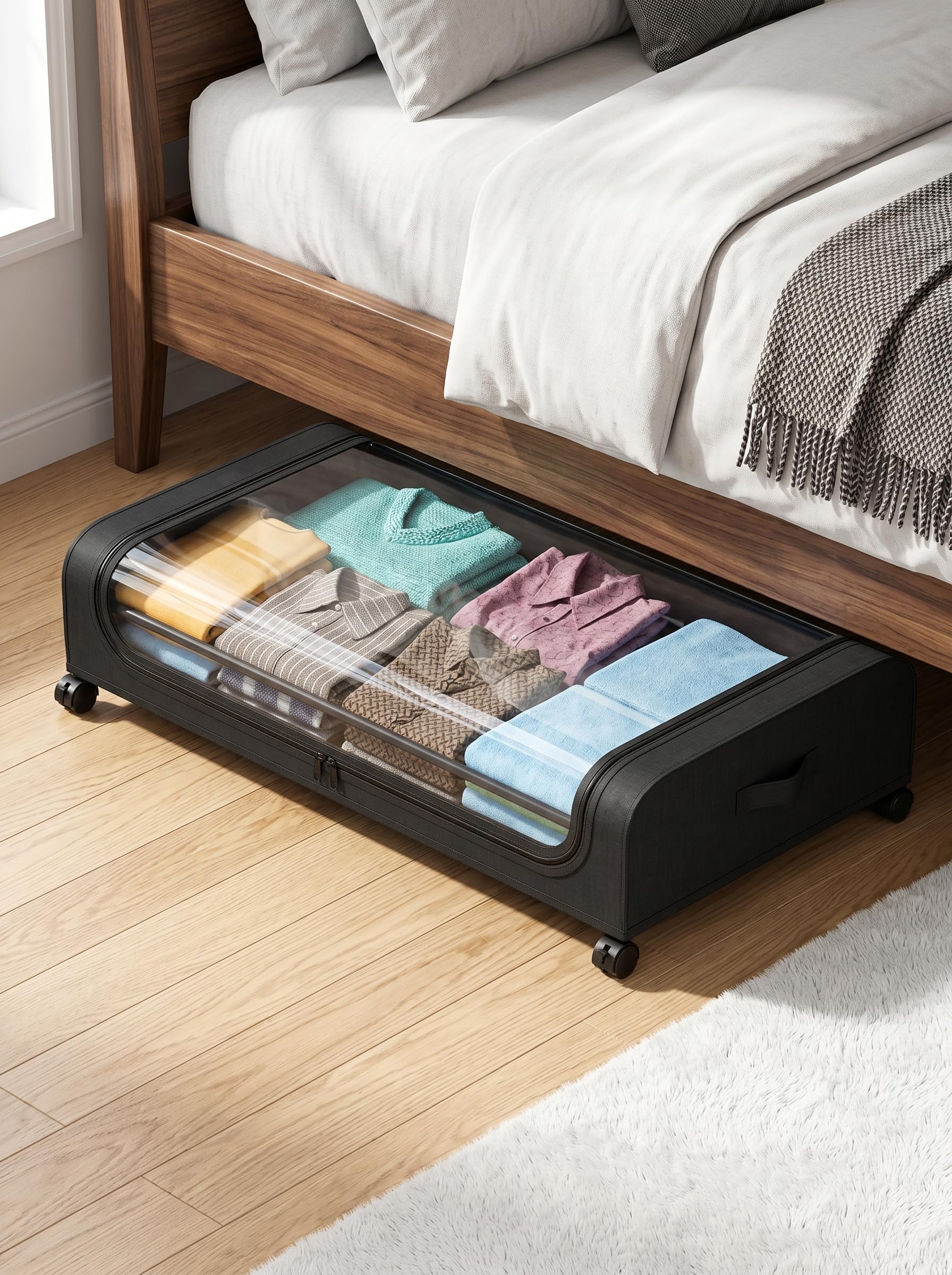 Contenitore sottoletto con ruote, 2 pezzi 80x44x18cm, con finestra trasparente, contenitore sottoletto pieghevole per vestiti, scarpe, coperte, biancheria da letto, Nero