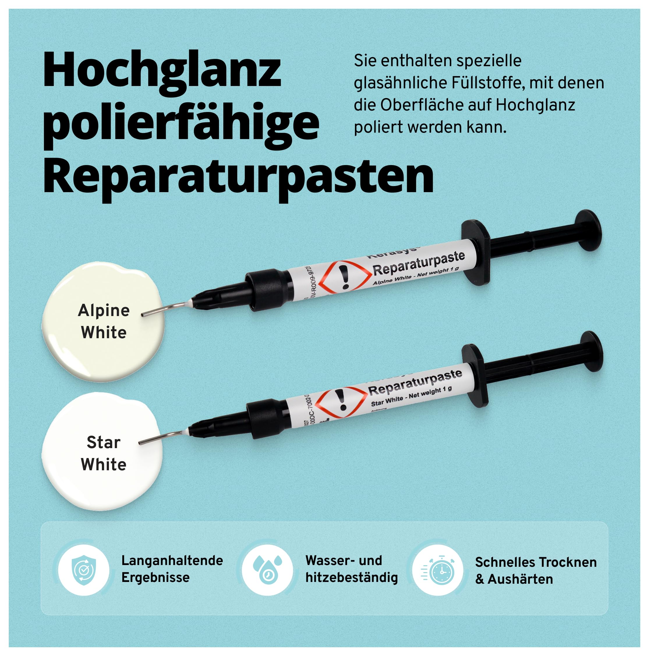 KERASYS Keramik Reparaturset - Profi Reparaturpaste für Waschbecken, Badewannen, Fliesen Komplettset mit UV-Licht, Primer & Politur - Farben: Alpine White/Star White