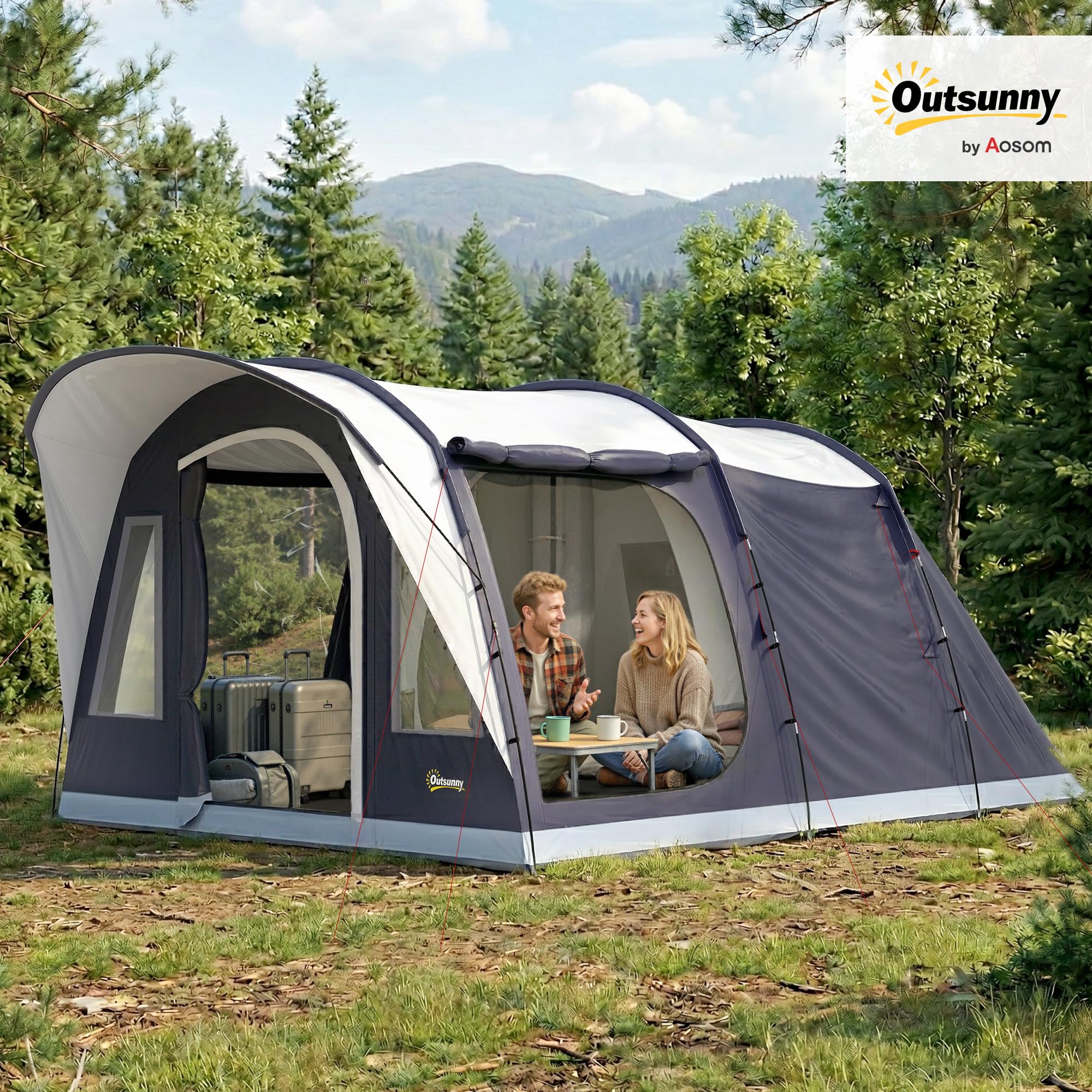 Outsunny Tenda Campeggio a Tunnel per 2-4 Persone Alta 213cm con 2 Stanze, Tenda da Campeggio Familiare Impermeabile 3000mm Veranda, Finestre, Tasche, Gancio, Borsa Trasporto per Trekking, Blu Navy
