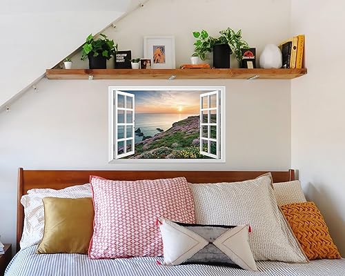 Miniatura 3 de FLFK Adhesivo de pared falso para ventana, atardecer sobre el mar, mural de pared para decoración de pared, calcomanías de pared para pegar y