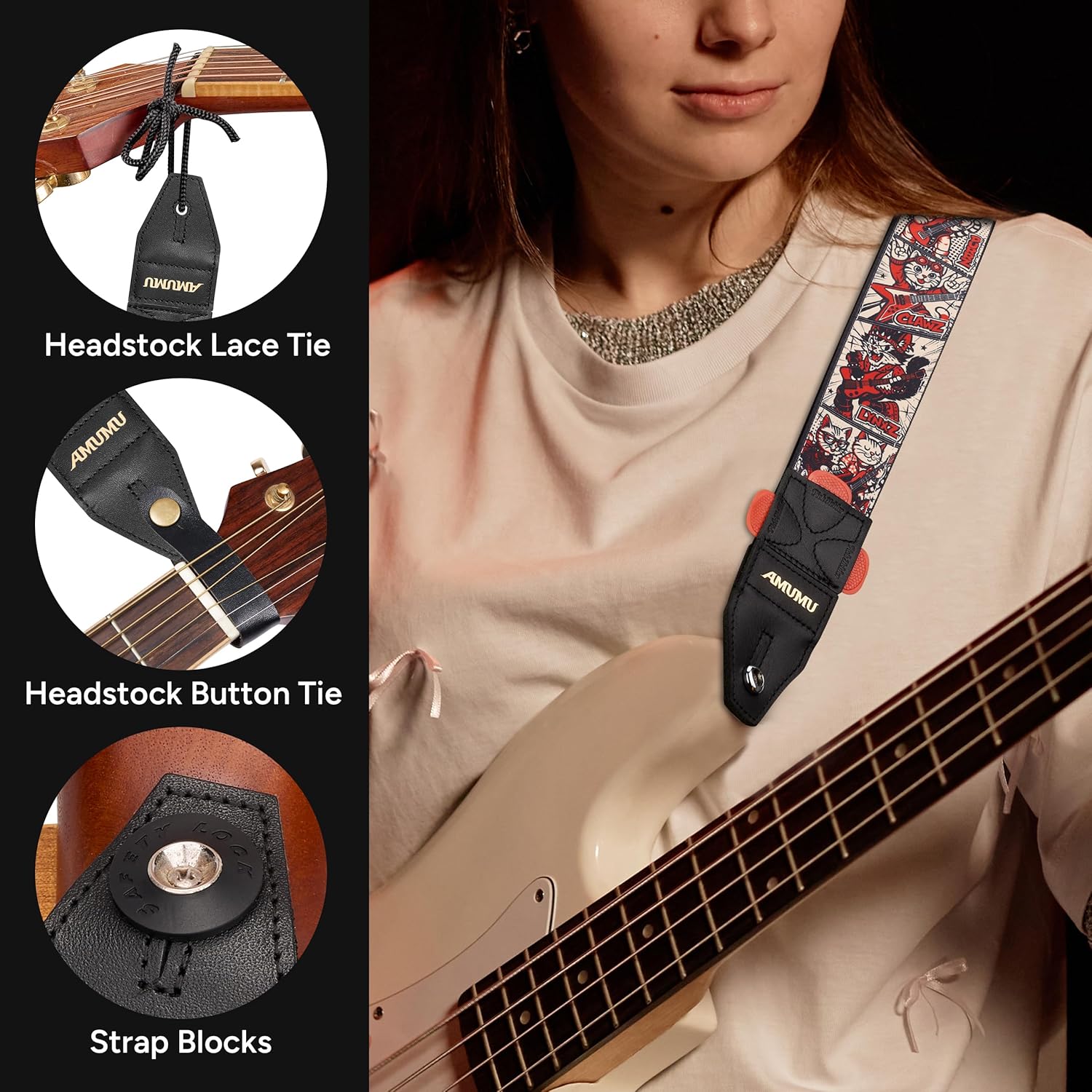 Amumu 2'' Meowcore Guitar Strap – Cat Rock Print with Top-Grain Leather Ends & Quick-Fetch Pick Holder – for Acoustic, Electric, Bass Guitars – Adjustable 37''-63''