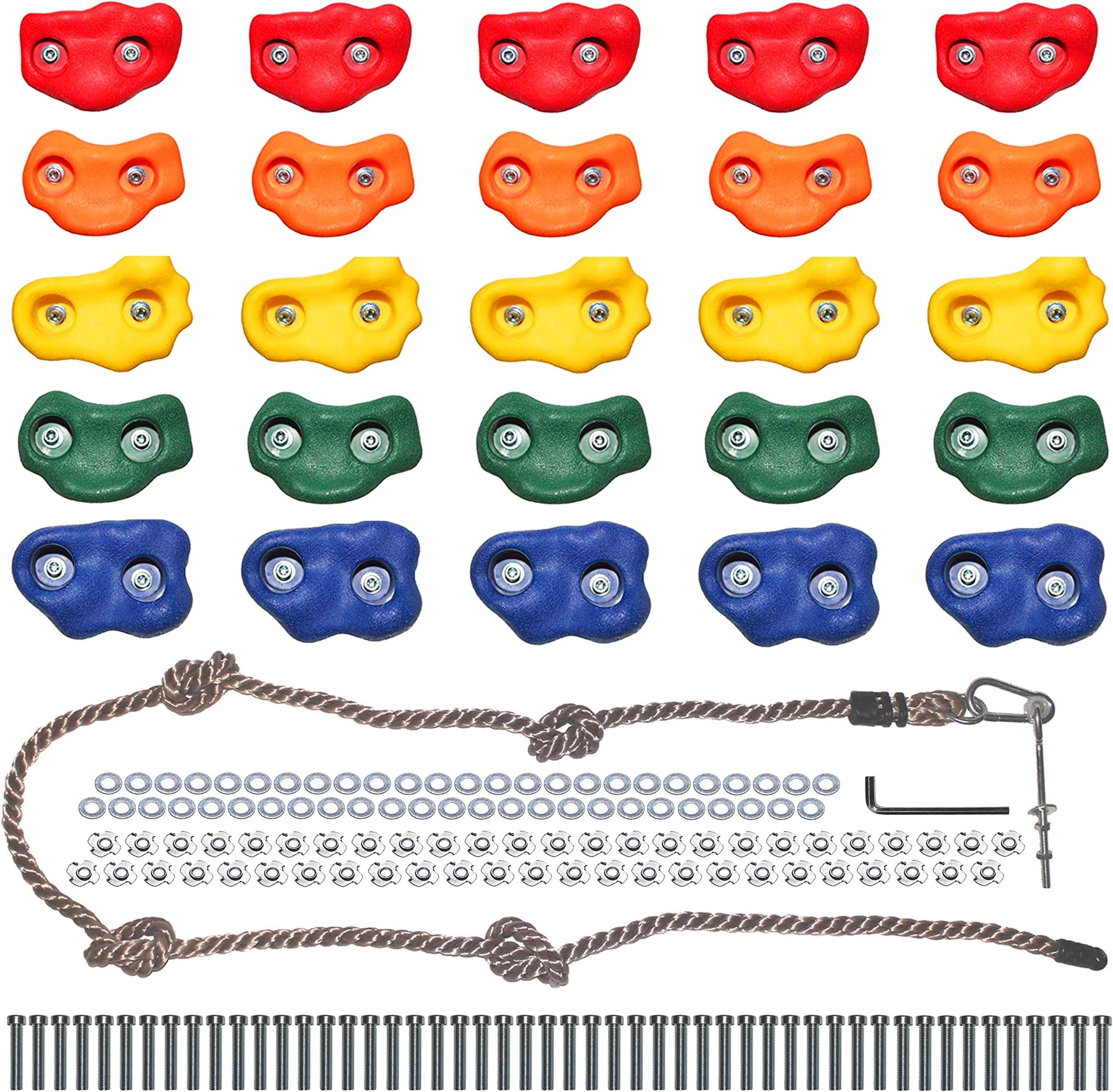 Rock Climbing Holds for Kids - Indoor & Outdoor Rock Wall Climbing Kit with Mounting Hardware, Knotted Rope and 25 Handles - Playground Accessories﻿