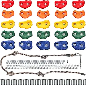 Jungle Gym Kingdom Rock Climbing Holds for Kids - Indoor & Outdoor Rock Wall Climbing Kit with Mounting Hardware, Knotted Rope and 25 Handles - Playground Accessories﻿