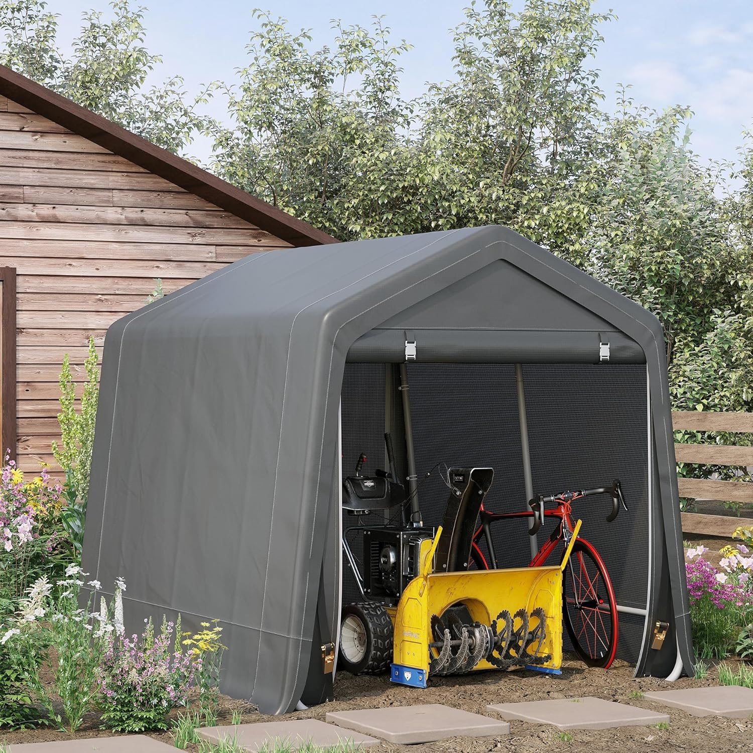9.2'x7.9' Heavy Duty Premium Strong Storage Shelter Featuring Reinforced Metal Frame and Double Zipper Doors Weatherproof Design in Dark Grey