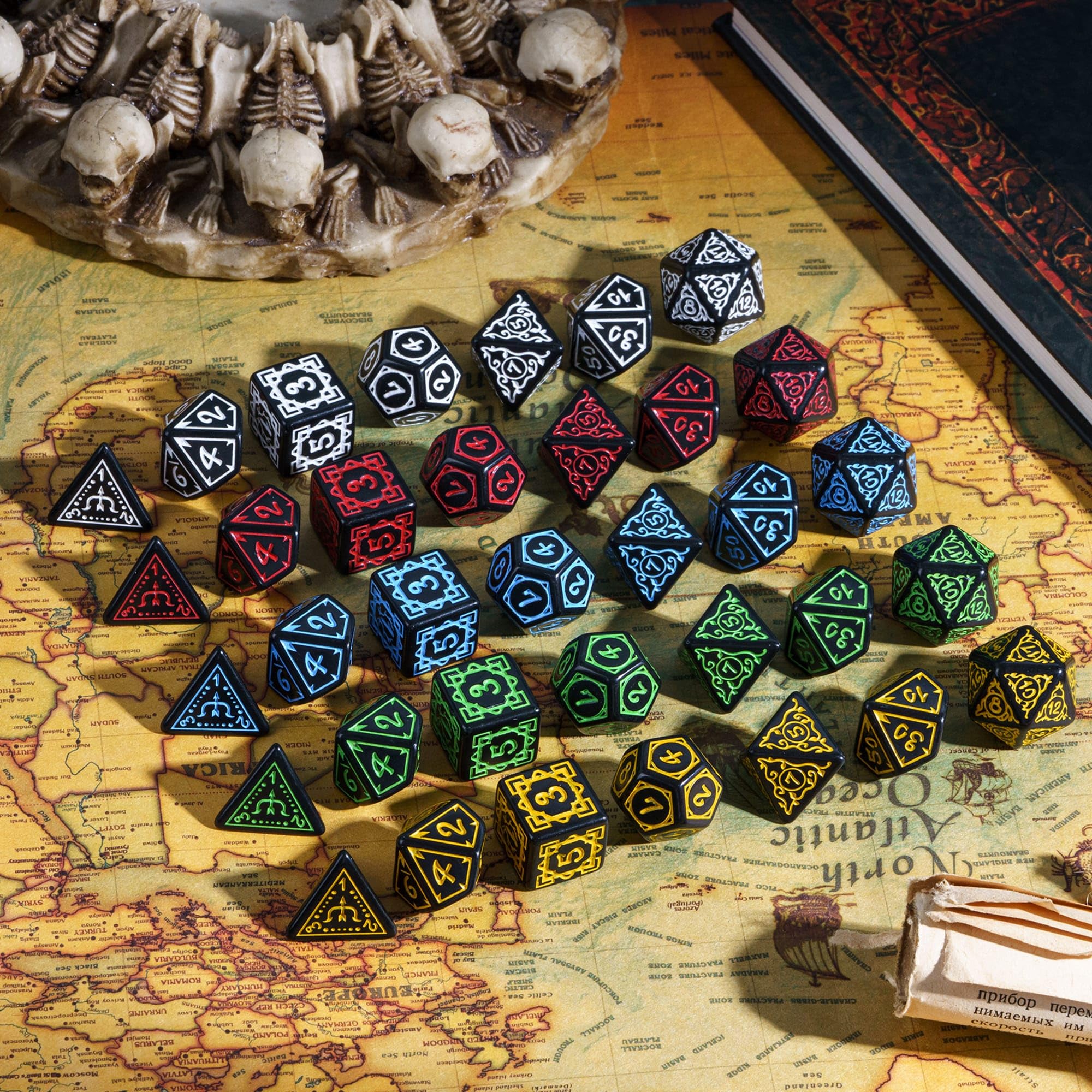 D&D Lot de 7 dés polyédriques DND avec sac à dés en cuir pour jeux de rôle Donjons et Dragons (Druide, noir et jaune)