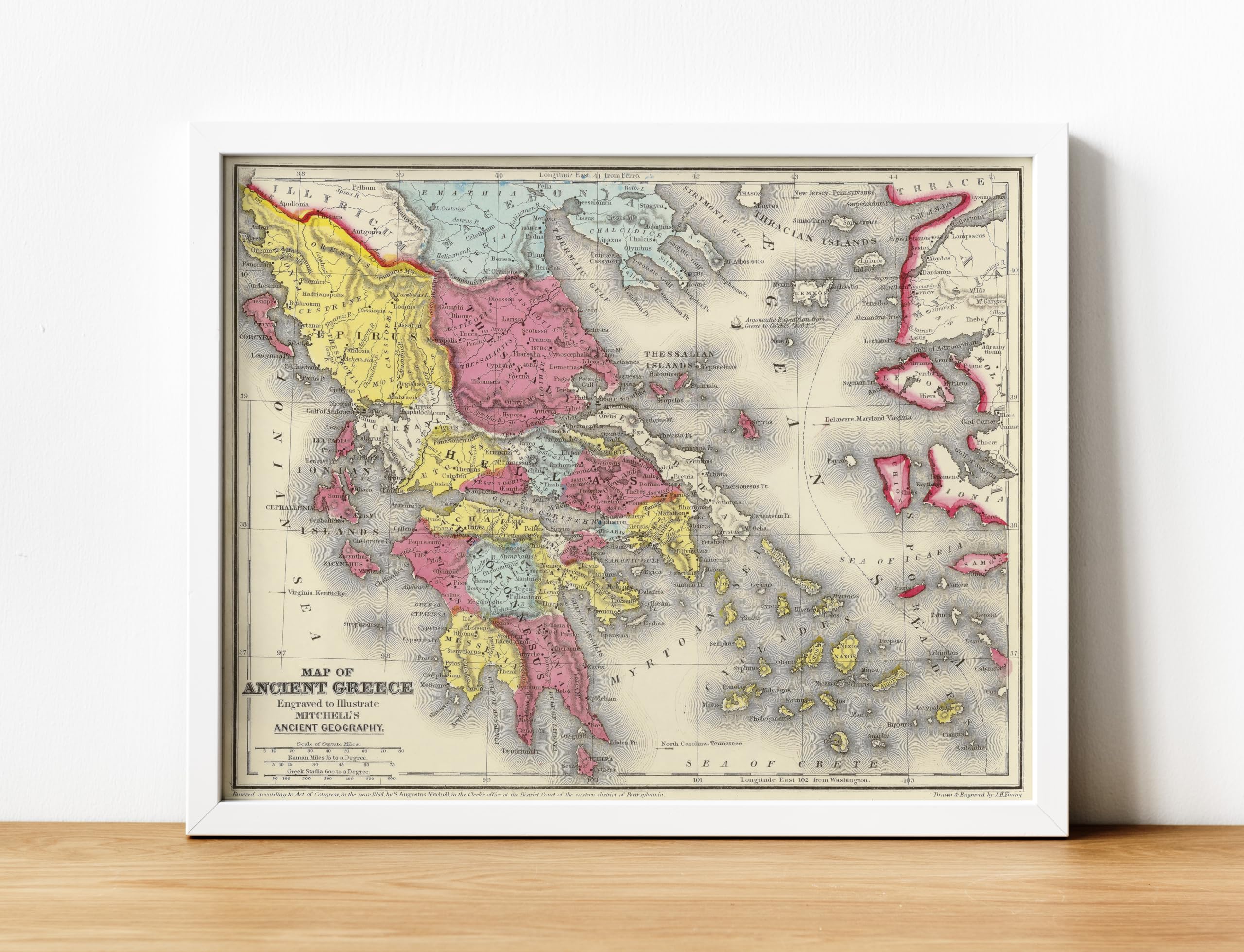 Impresión de mapa histórico de la Grecia antigua de 1875, Atlas clásico de Mitchell, 61 x 45 cm