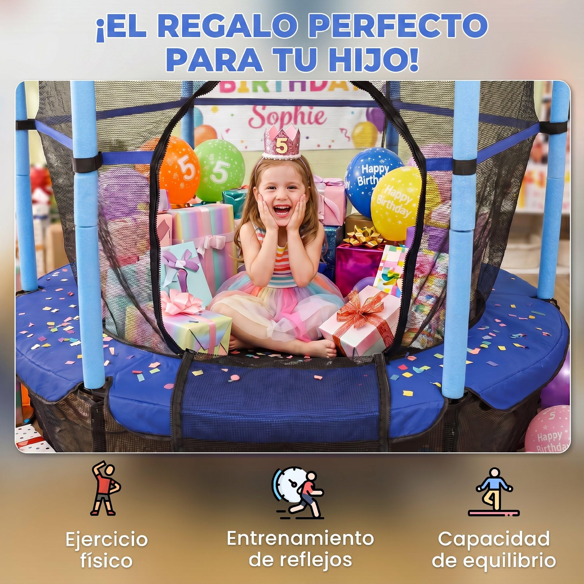 HOMCOM Cama Elástica Infantil Exterior Ø163 cm, Trampolín para Niños con Red de Seguridad, Protector de Bordes y Marco de Acero, Carga 50 kg, para Niños de +3 Años, para Interior
