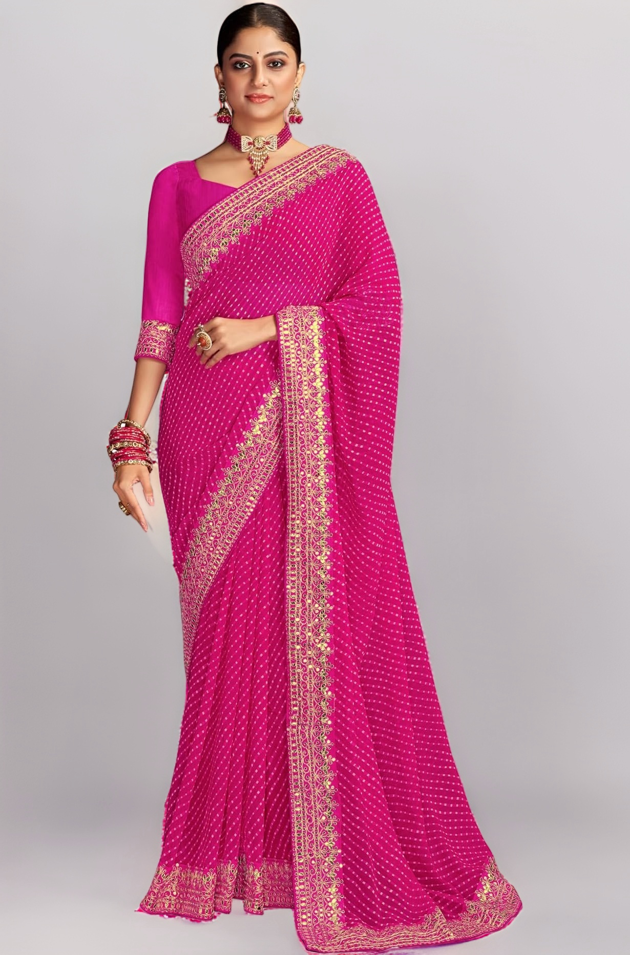 SIRIL Women's Bandhani Printed Embroidery Lace Georgette Saree with Unstitched Blouse Piece