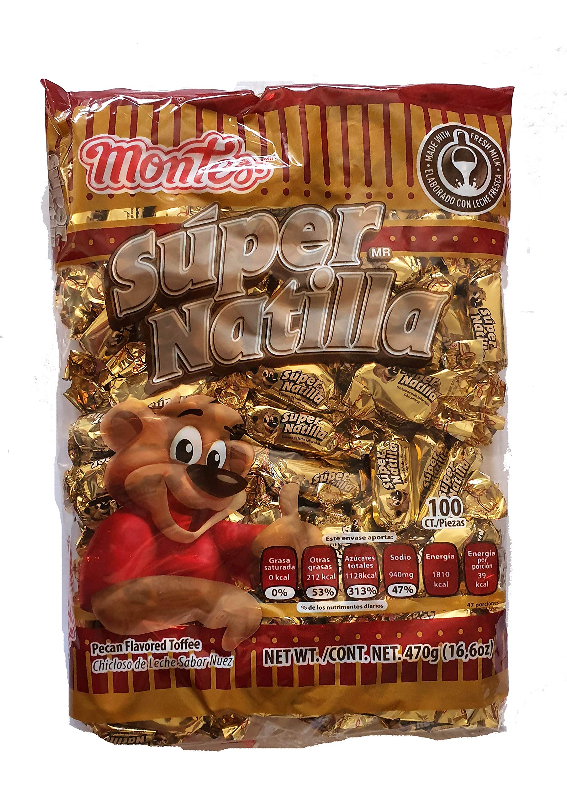 Montes Super Natilla. Delicious Mexican Pecan Flavored Toffee. 1 Bag (100 pieces, 470 Grams).