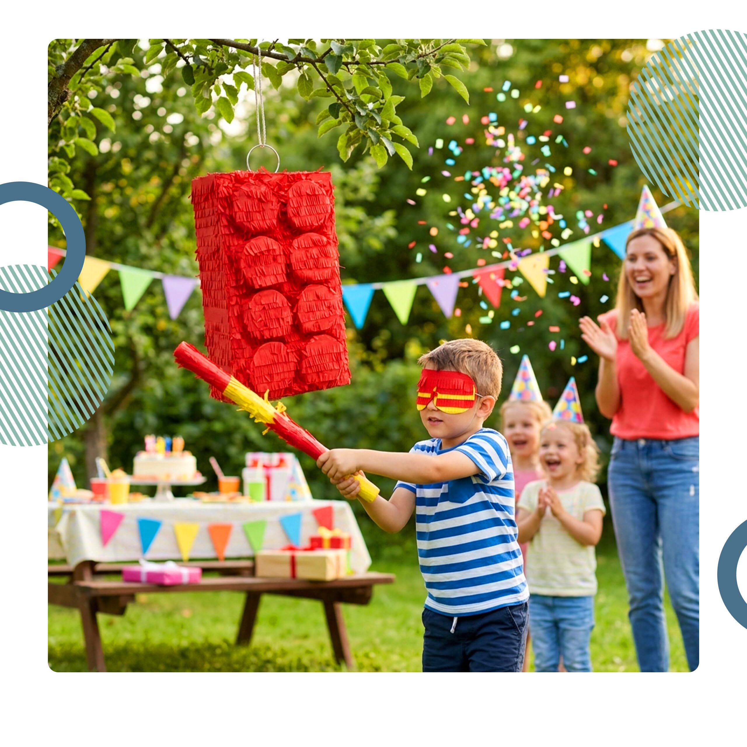 Relaxdays Pinata klocki z prętem i maską, Partypinata dla dzieci, urodziny, do napełniania, blok, wys. x gł.: 43 x 27 x 10 cm, czerwony
