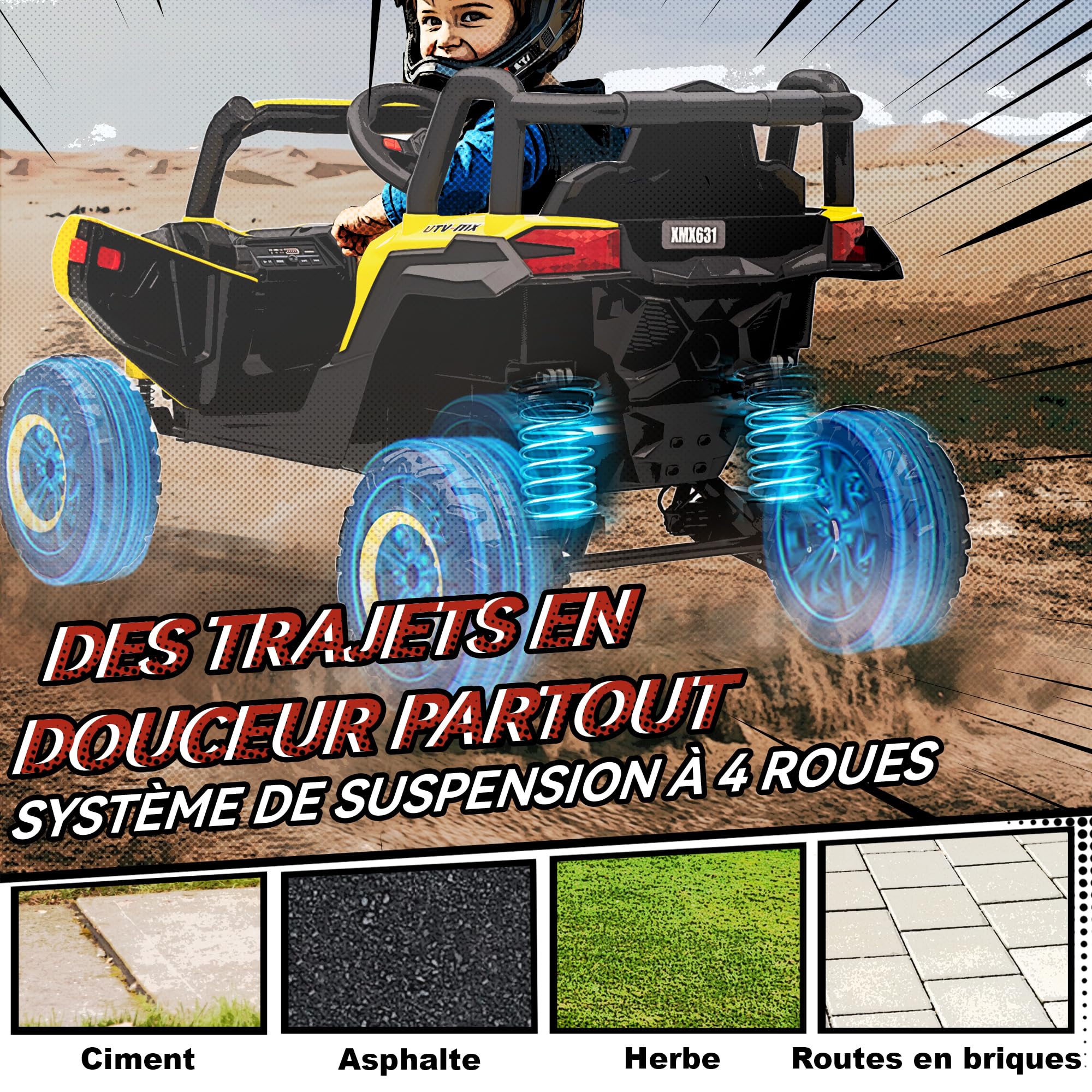 AIYAPLAY Voiture Électrique Enfants UTV 12 V Télécommande 2,4G USB Jaune