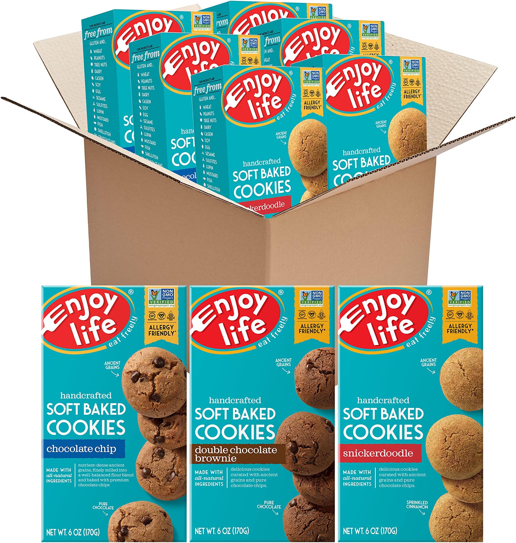 Enjoy Life Foods Soft Baked Cookies, Double Chocolate Brownie & Snickerdoodle Bundle, Soy or Dairy Free, Non GMO, Gluten Free, Vegan, Nut Free, Boxes, 6 Oz, Pack of 6, 2 Count