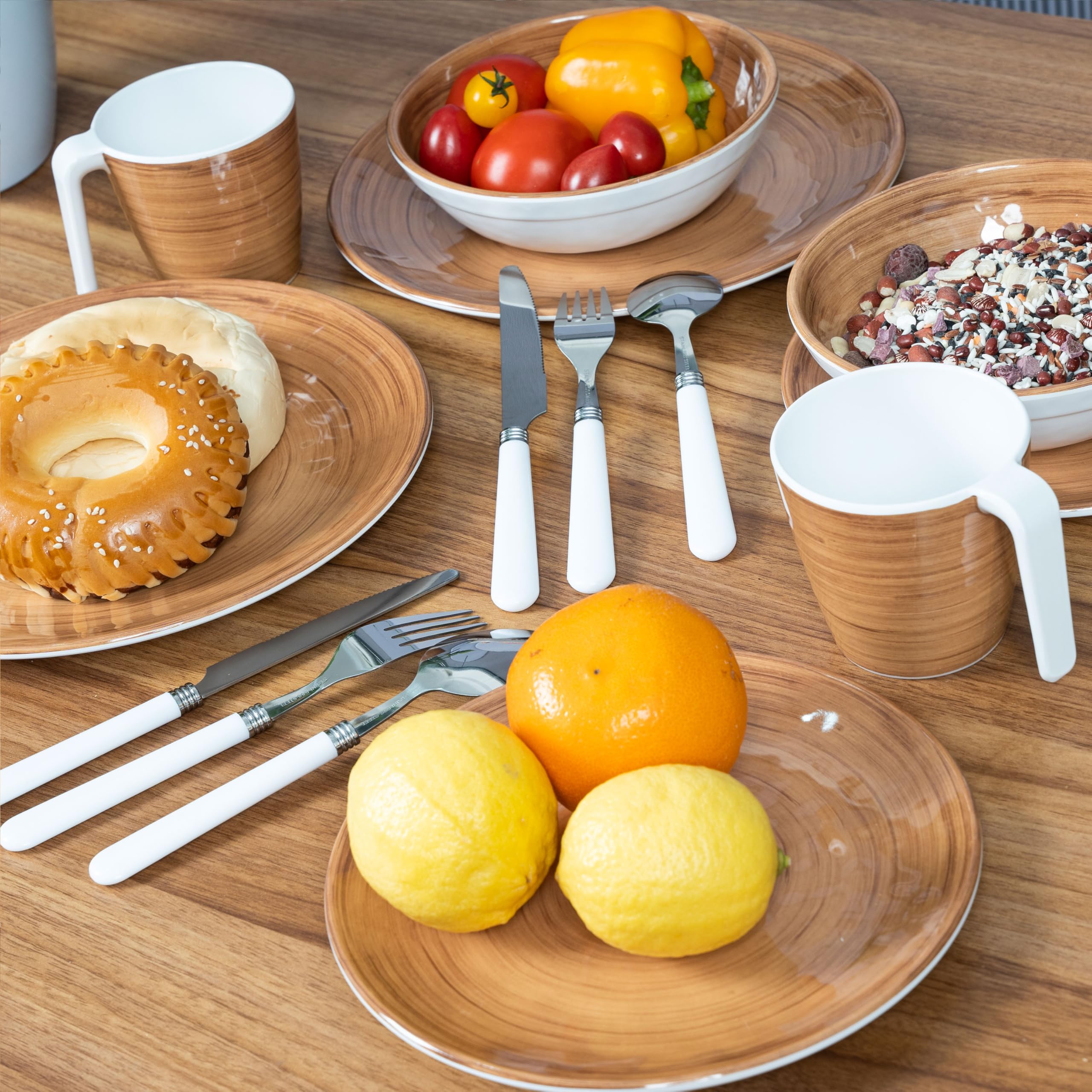Melamin Geschirr Set Braun 6 Personen 24 Teile Tassen Zubehör Camping Party