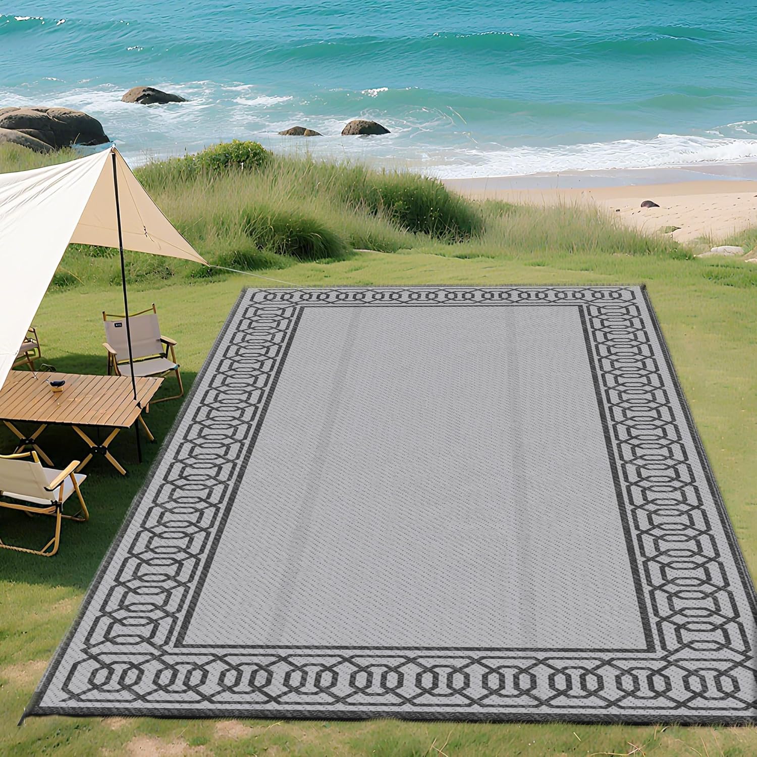 Outsunny Outdoor Rug for Patio, 9' x 18' Waterproof Large Mat, Reversible Plastic Straw Rug for Decor, Portable Outside RV Camping Area Carpet Mat for Backyard Porch Deck Picnic, Black & Gray Border