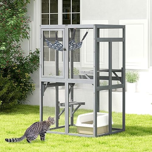 COZIWOW Catio Outdoor Cat Enclosure Window Access, Wooden Cat House Shelter, Kitty Cage with 3 Platforms for Patio Indoor (Grey)
