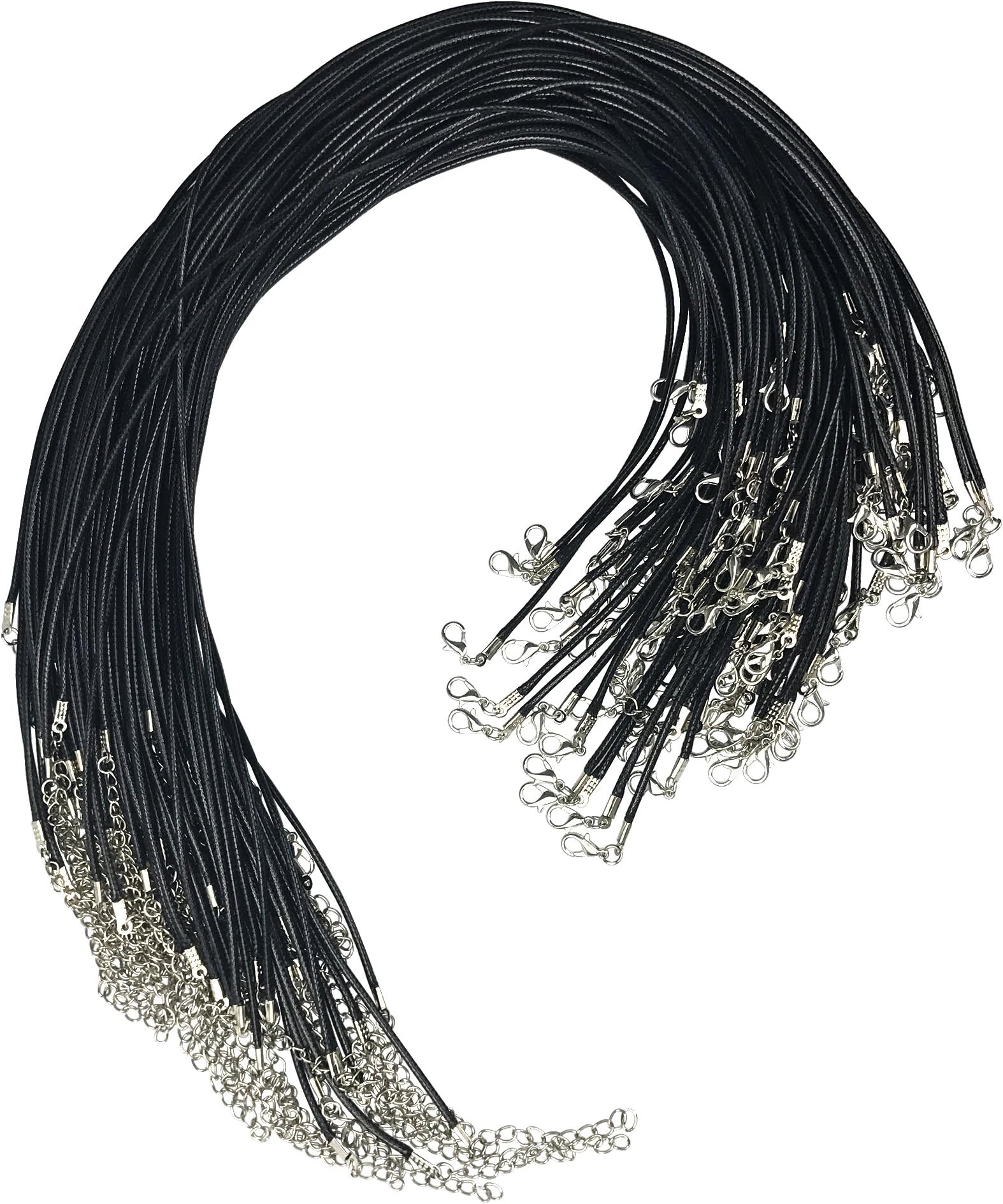 2mm 20 Inch 100 PCS Black Waxed Necklace Cord Bulk with Lobster Claw Clasp for Bracelet Necklace and Jewelry Making