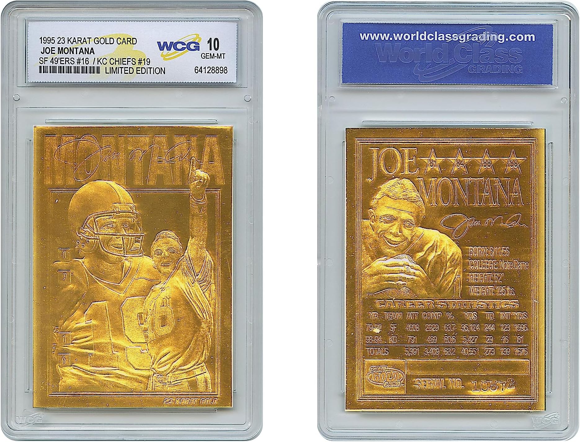 1995 Joe Montana SF 49ers / KC Chiefs 23K Gold Sculptured Card - Graded GEM Mint 10