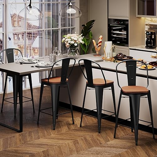 Miniatura 3 de Aklaus Juego de 4 taburetes de bar giratorios de metal, taburetes de barra de mostrador con respaldo giratorio, asiento de madera, taburetes de bar