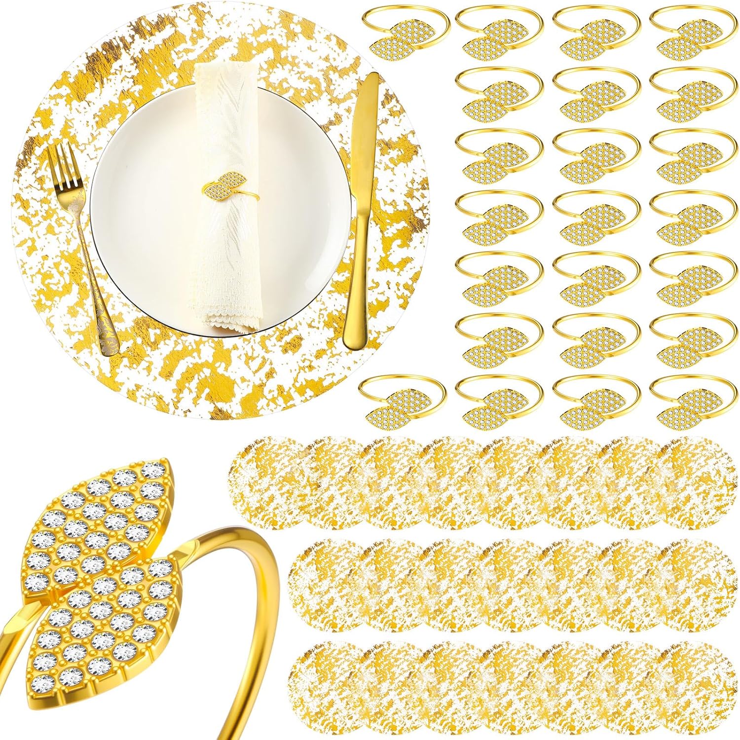 100 Pcs Gold Placemats and Napkin Rings Bulk 13 Inch Disposable Round Gold Placemats Metal Leaf Napkin Rings Sequin Doilies for Wedding Dining Table Kitchen Decoration