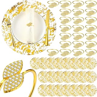 Gandeer 100 Pcs Gold Placemats and Napkin Rings Bulk 13 Inch Disposable Round Gold Placemats Metal Leaf Napkin Rings Sequin Doilies for Wedding Dining Table Kitchen Decoration