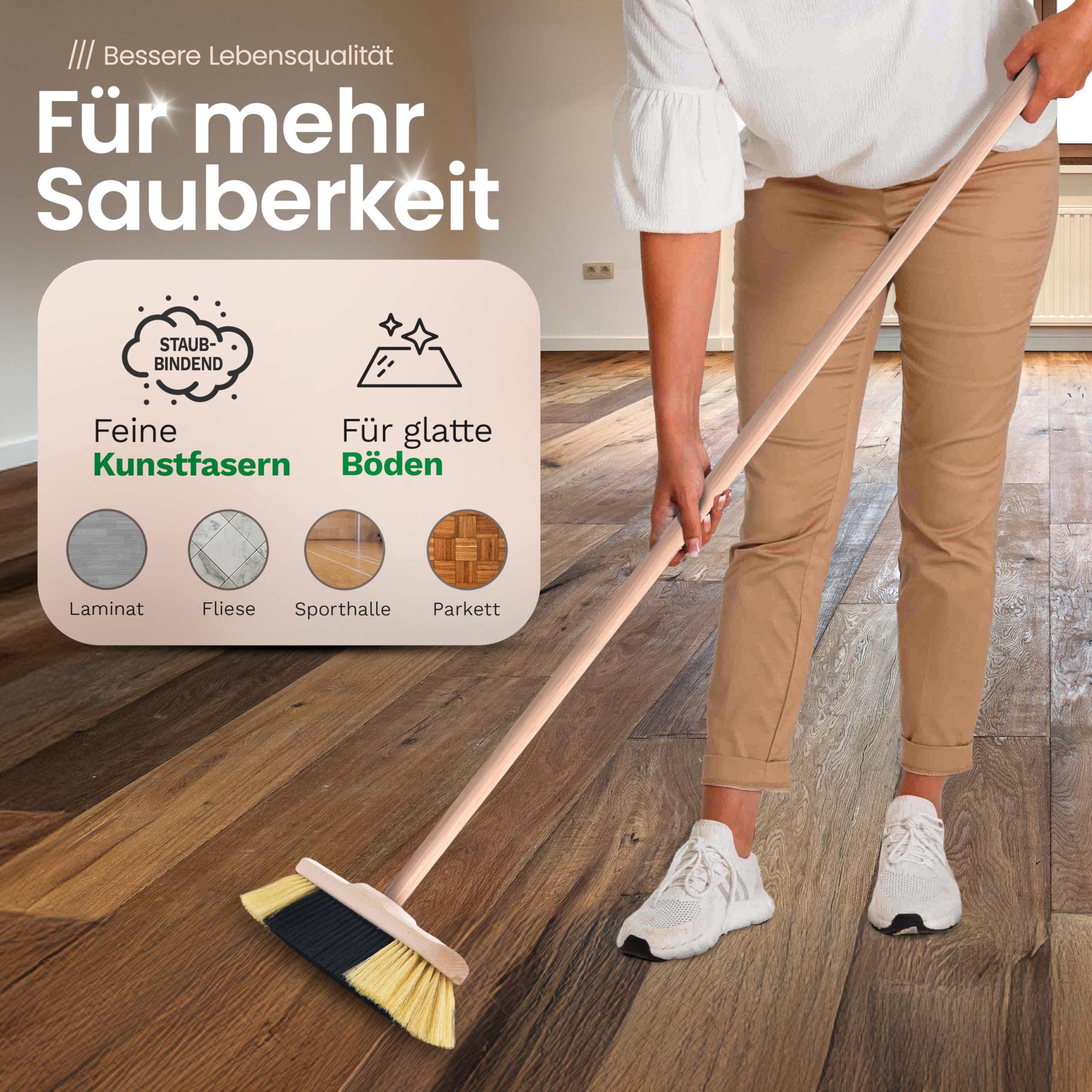 Novaliv Juego de 2 escobas de habitación con mango de cerdas finas de plástico, cerdas suaves y densas, escobas de madera con mango de madera, cerdas artificiales de polipropileno para laminado y