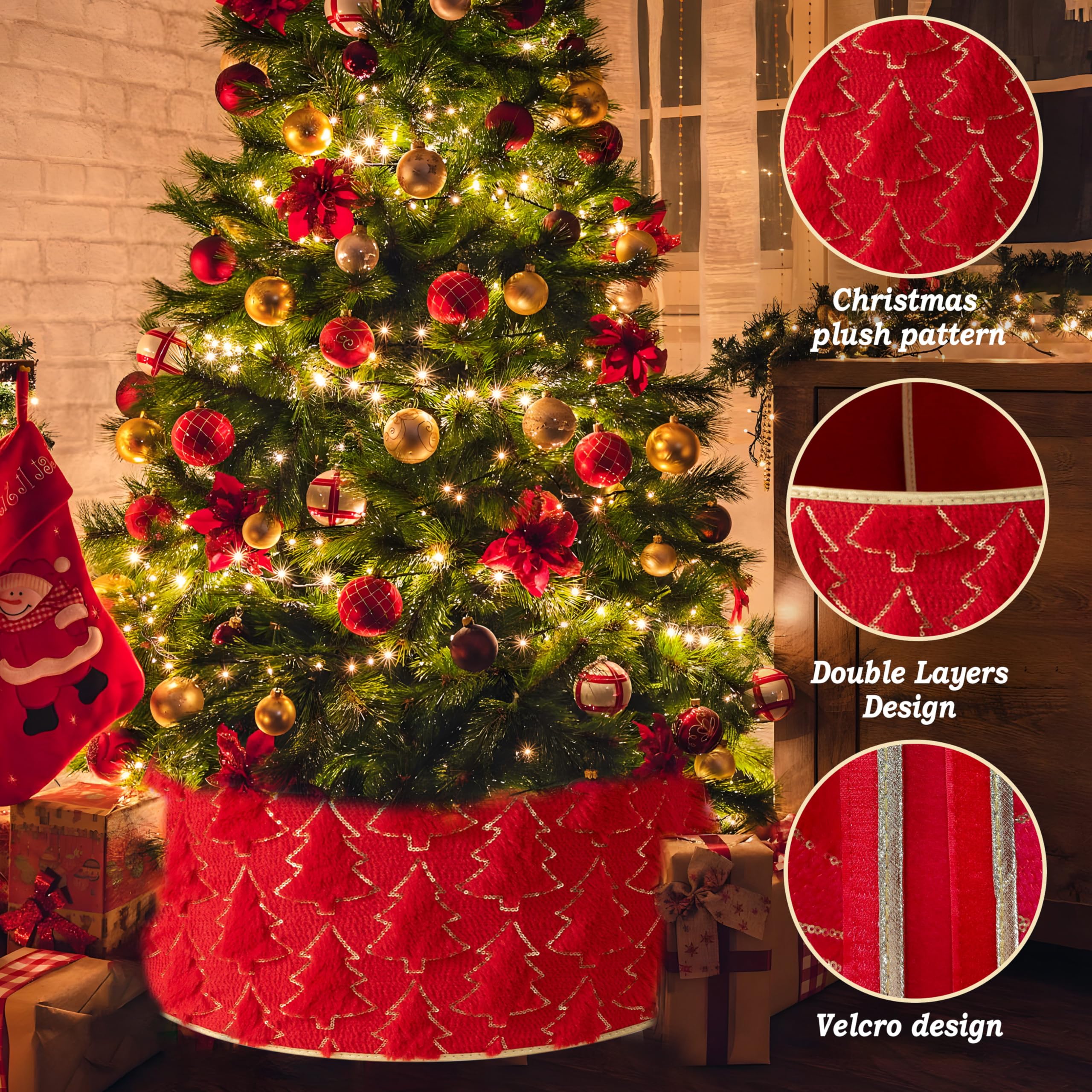 SilverChry Weihnachtsbaum Rock, Weihnachtsbaum Kragen, Tannenbaum Fuss Abdeckung, Christmas Tree Collar, Weihnachtsbaumdecke Faltbarer, Christbaumumrandung Rund, Rot Weihnachtsdekorationen Küche, Haushalt & Wohnen