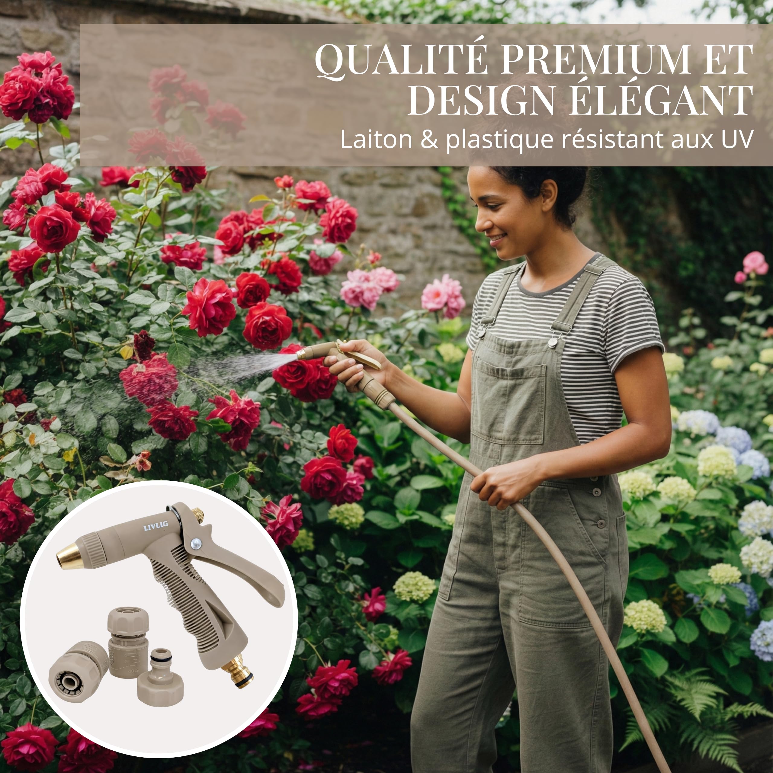 LIVLIG Kit Arrosage Complet 10m Beige – Tuyau d'Arrosage 10m 1/2 Pouce + Pistolet d'Arrosage & Accessoires (Raccord Robinet 3/4", Raccord Rapide, Arrêt d'Eau 1/2") – Made in Europe