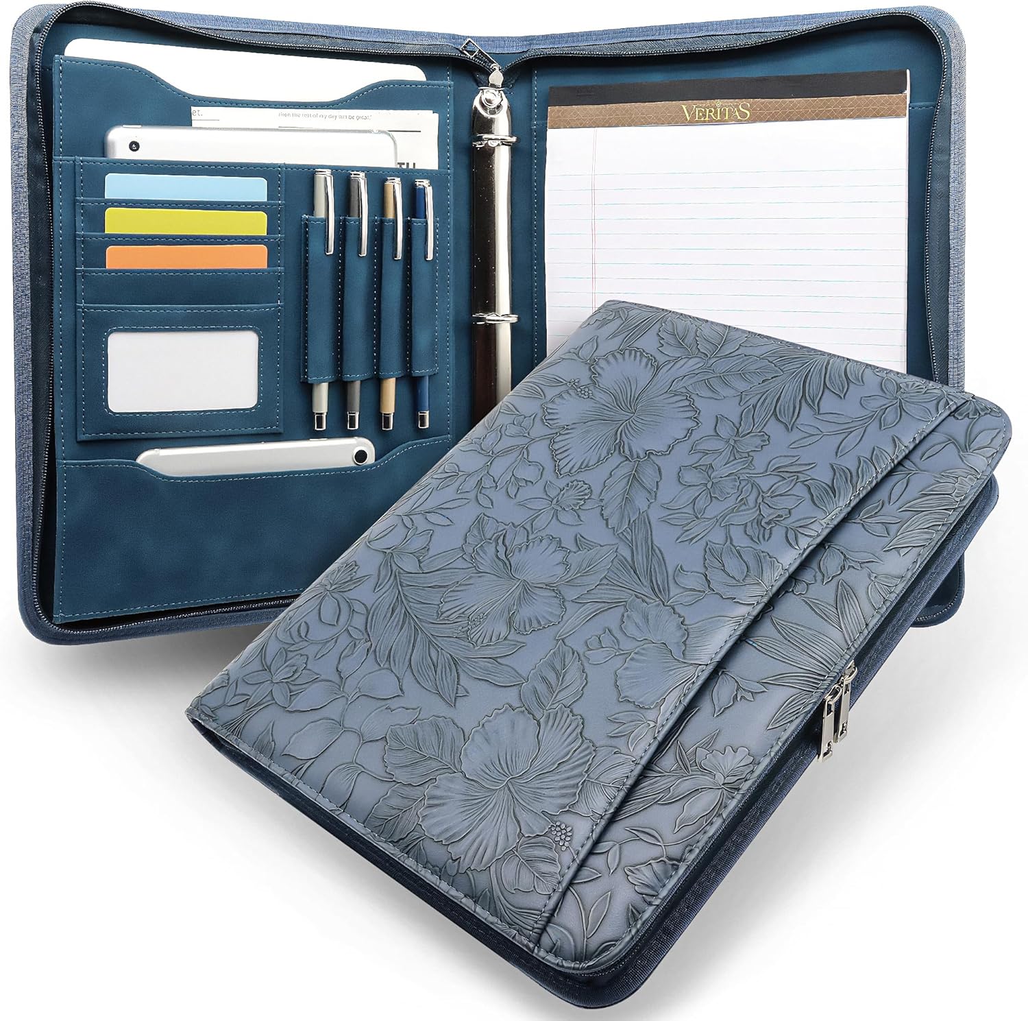 Embossed Faux Leather Zippered Padfolio with 3 Ring Binder, Executive Portfolio Organizer Binder for Women, Fits 13.9" Laptop/Tablet, Refillable Writing Pad Pocket, Blue