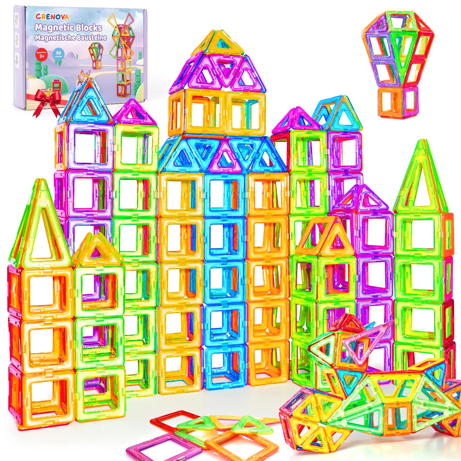 Crenova Costruzioni Magnetiche, Blocchi Costruzioni Magnetici er Bambini 3 Anni,Giochi per Bambini Giochi Montessori per ragazzi e ragazze di 3 4 5 6 7 8 annii, 50 Pezzi Blocchi Magnetici