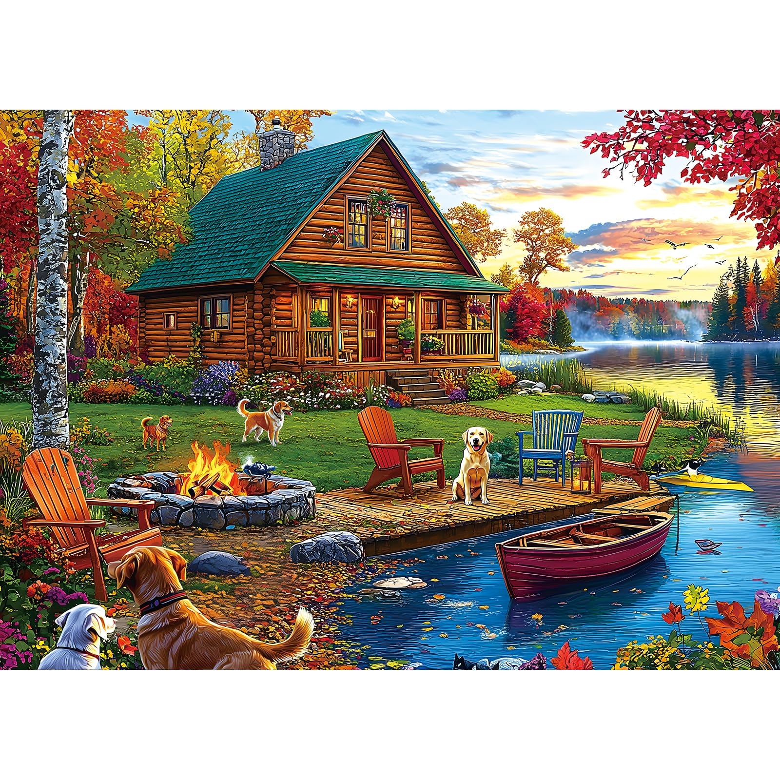 Autumn Lake House 1000 Piece Jigsaw Puzzle for Adults Log Cabin with Dogs & Fall Foliage…