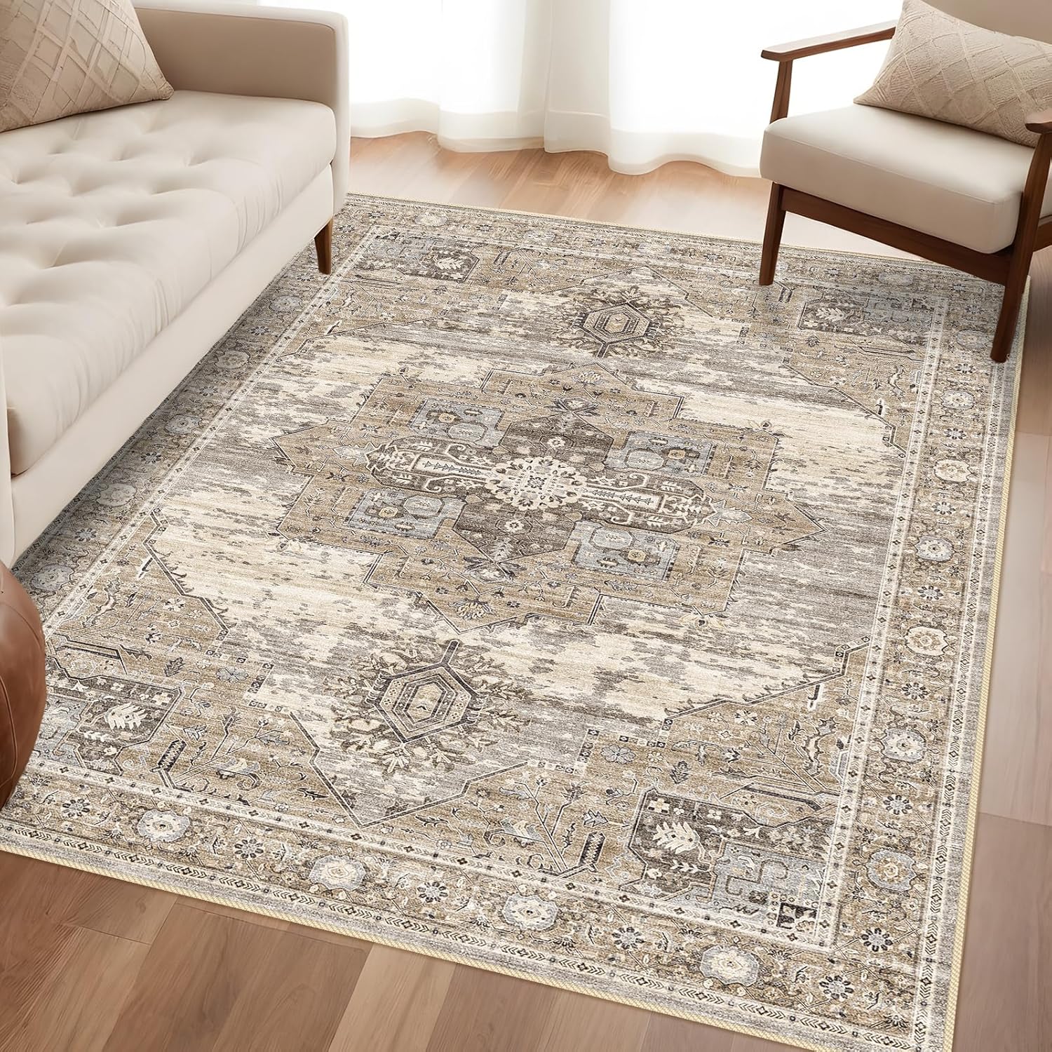 Washable 4x6 Area Rugs - Living Room Area Rug Stain Resistant Carpet Vintage Lightweight Ultra-Thin Rugs for Bedroom Kitchen entryway with Non Slip Backing Home Decor Small Mat 4X6 Beige