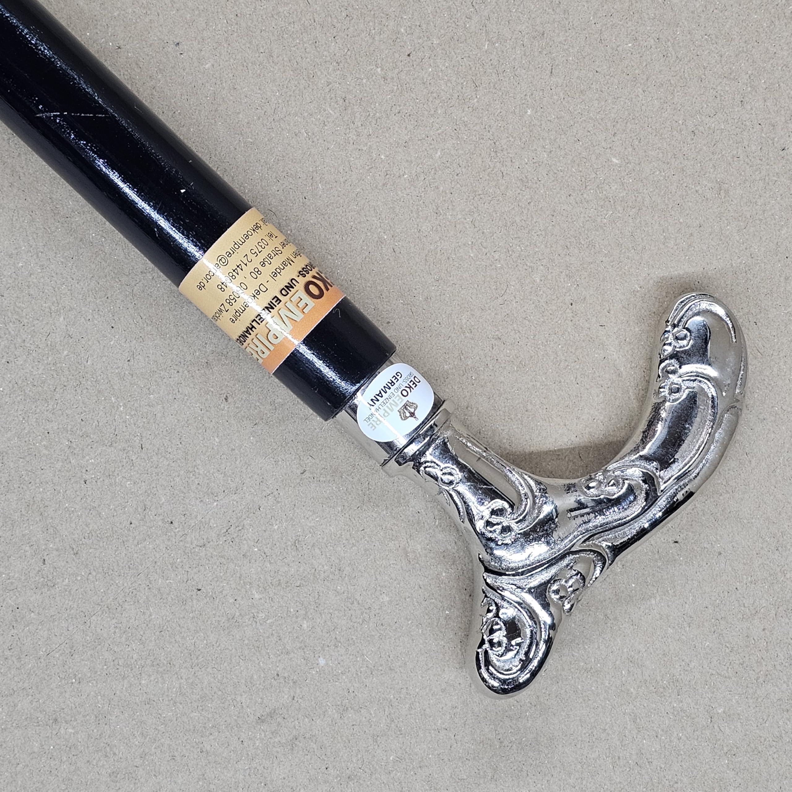 Elegancka drewniana dekoracyjna laska do chodzenia z srebrnym metalowym uchwytem w stylu wiktoriańskim, długość 93 cm i waga 550 g, z wytrzymałą, antypoślizgową gumą