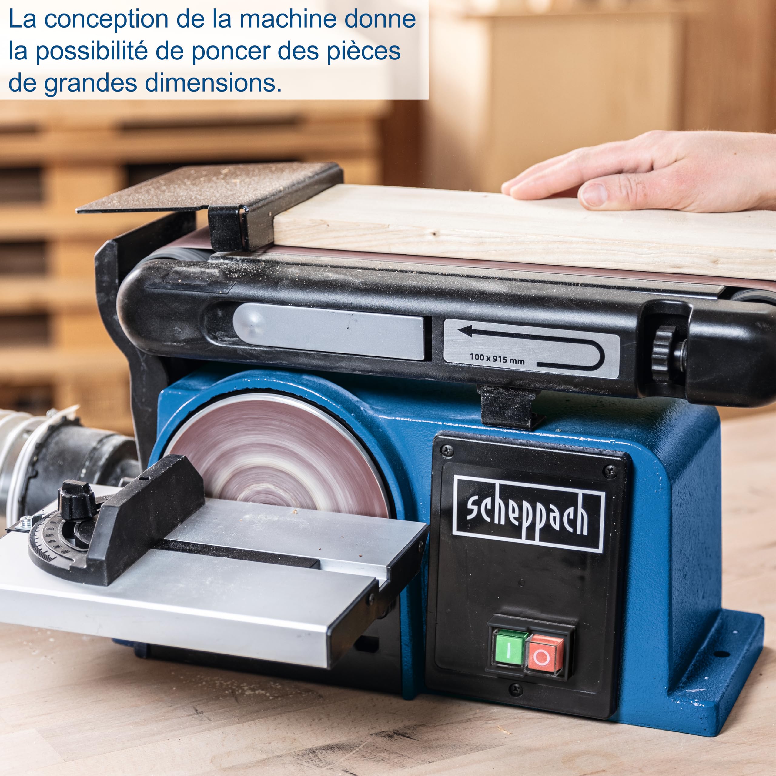 Scheppach Ponceuse à Bande et à disque BTS800 | Puissance 370W | Longueur de bande 715mm-Largeur 100mm | Plateau de Ponçage Ø150mm | Table d'appui réglable de 90°à 45° | Vitesse 7,5m/s