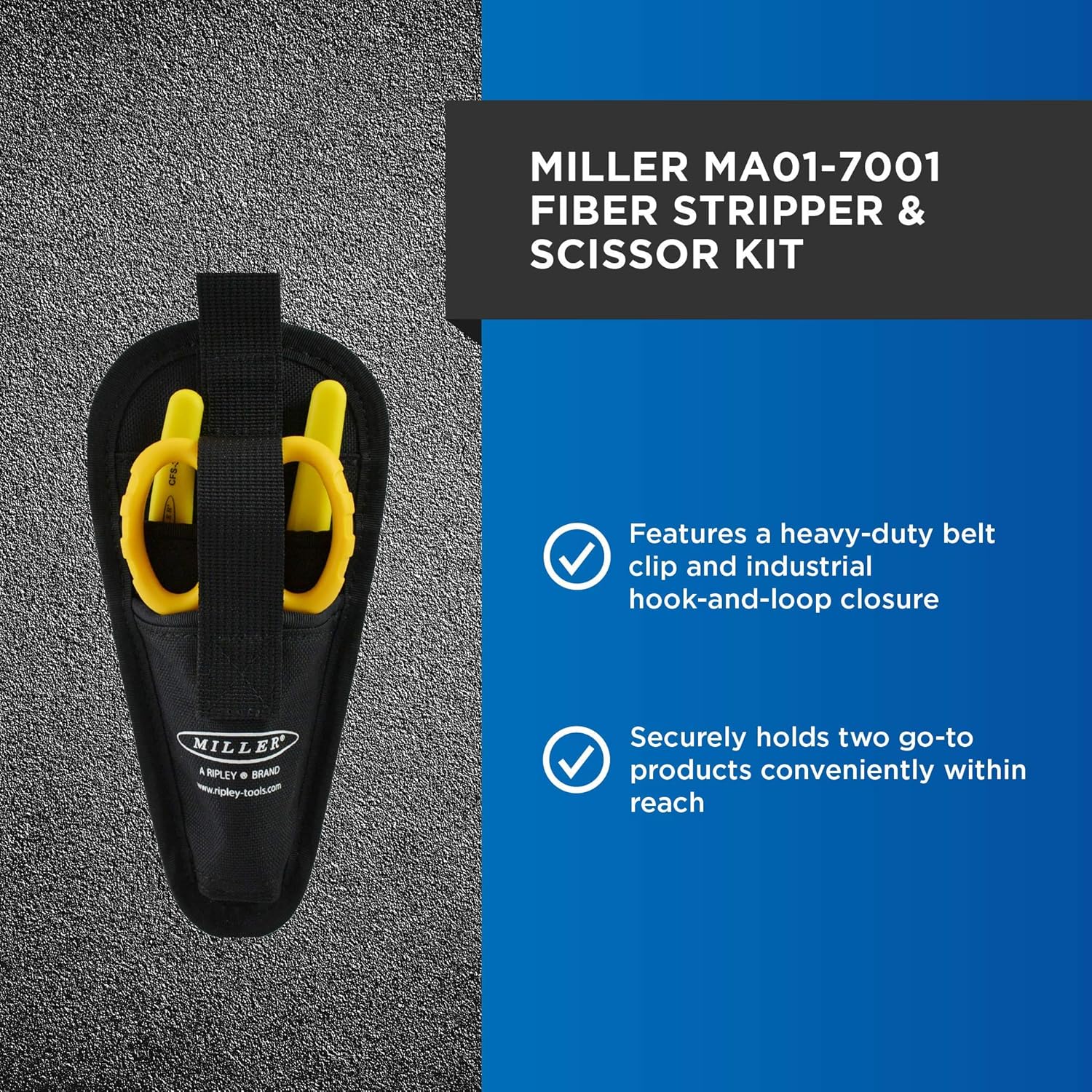 Miller MA01-7001 Kit, CFS-3 3-Hole Fiber Optic Cable Stripping Tool and KS-1 Kevlar Scissors, Easily Portable Tool Set with Belt Clip Pouch for Professional Electricians, Technicians, and Installers