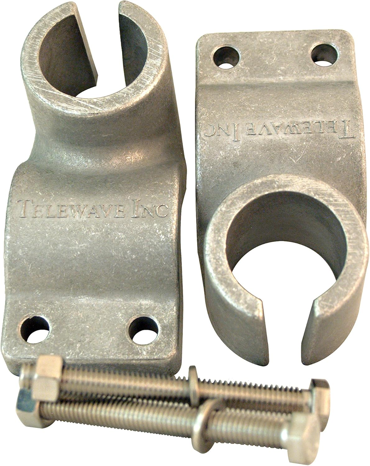 Close-up of the Telewave antenna clamp set, showing two metal clamps and associated bolts and nuts.