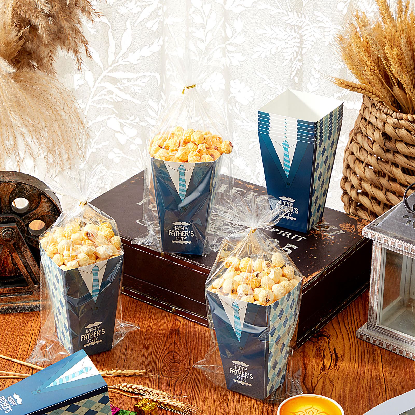 Yiyiring Juego de 48 cajas de palomitas de maíz para el día del padre con bolsas transparentes y corbatas, recipientes de regalo para mamás, a cuadros, corbata, dulces, galletas, cubo de regalo para