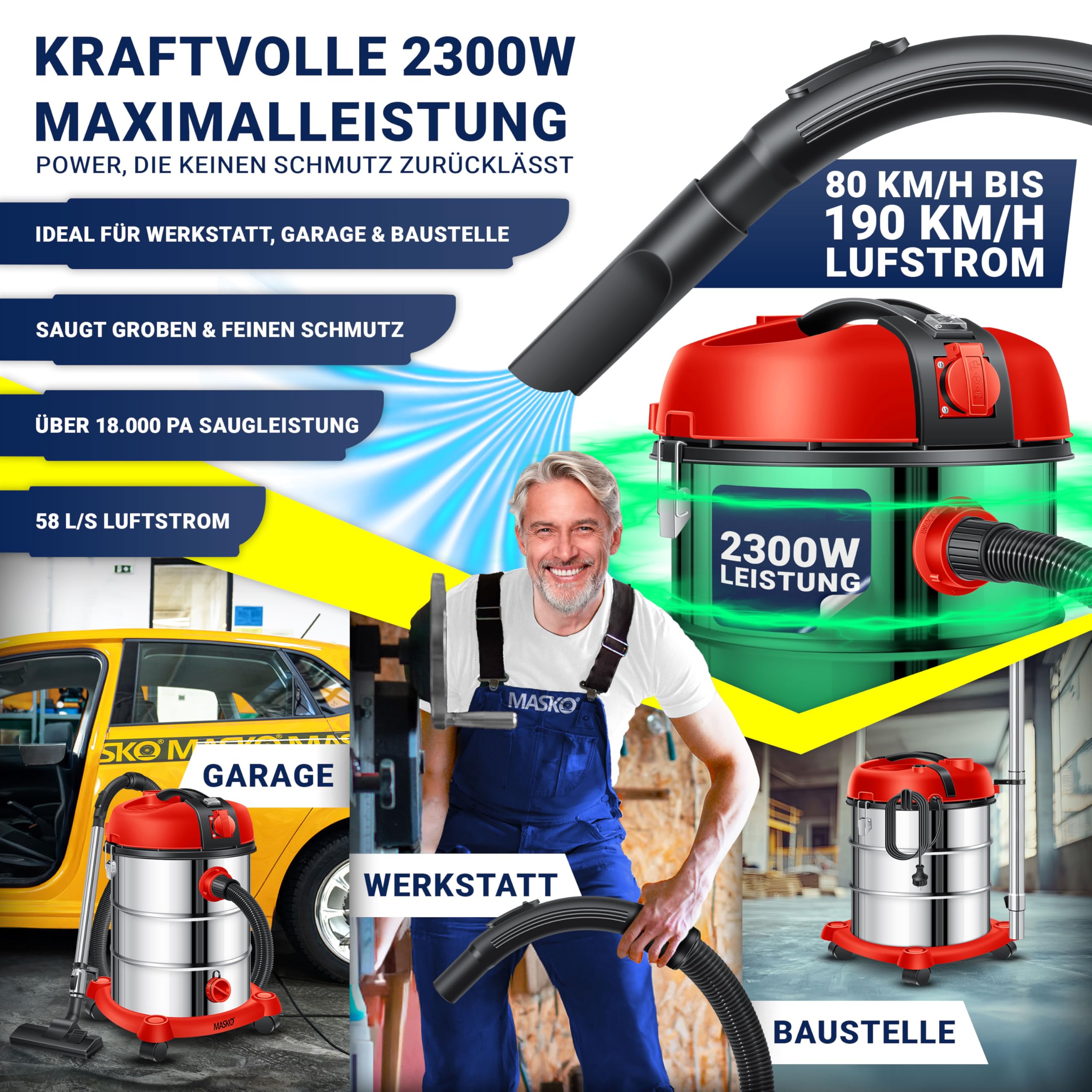 MASKO® Alleszuiger 6IN1 Nat- en Droogzuiger 2300W 30L Grijs
