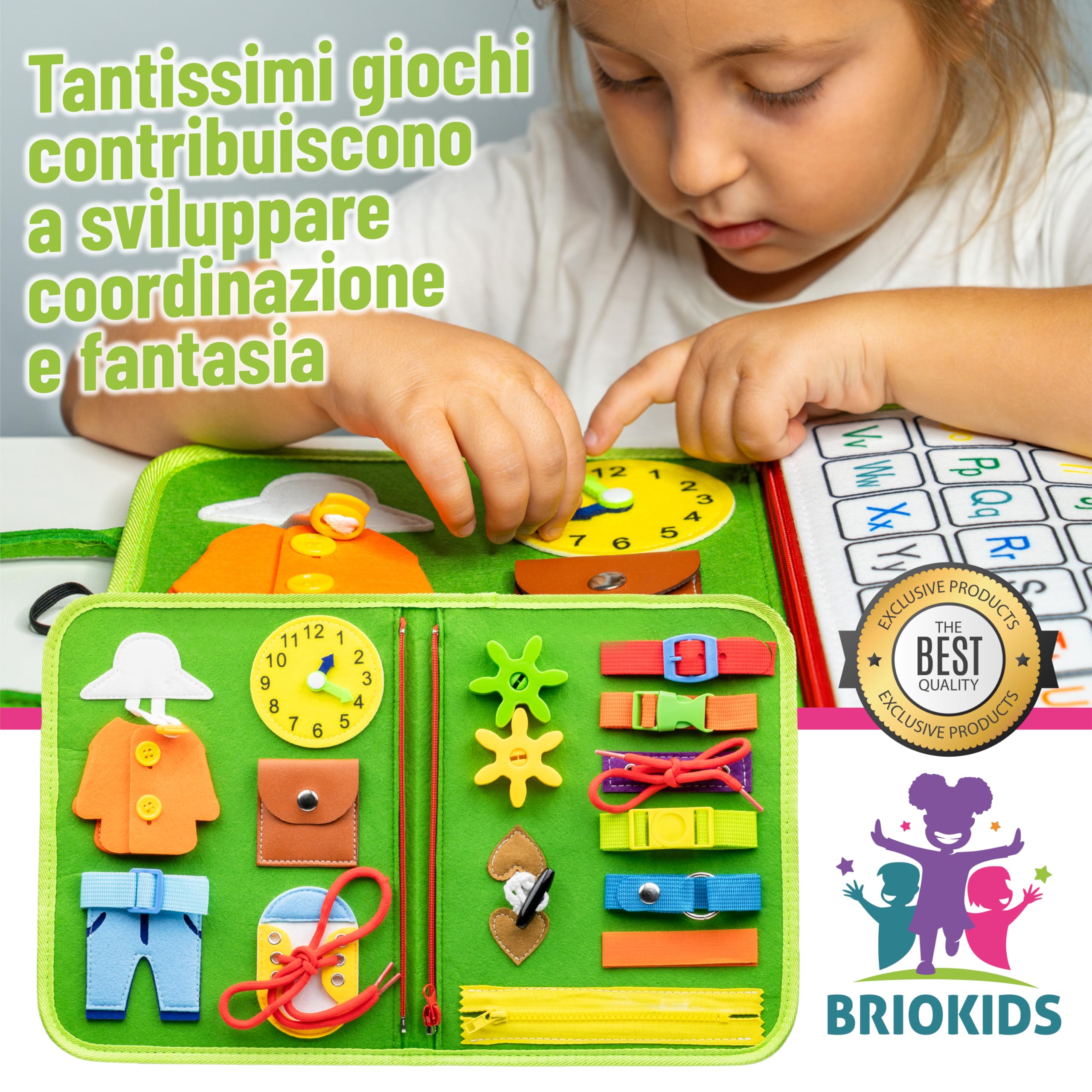 Libro Montessori Interattivo in Feltro - Busy Board Montessori Italiano - Gioco Bambino 2, 3, 4 Anni - Valigetta Sensoriale con Giochi Educativi per Maschio e Femmina per Sviluppo Cognitivo