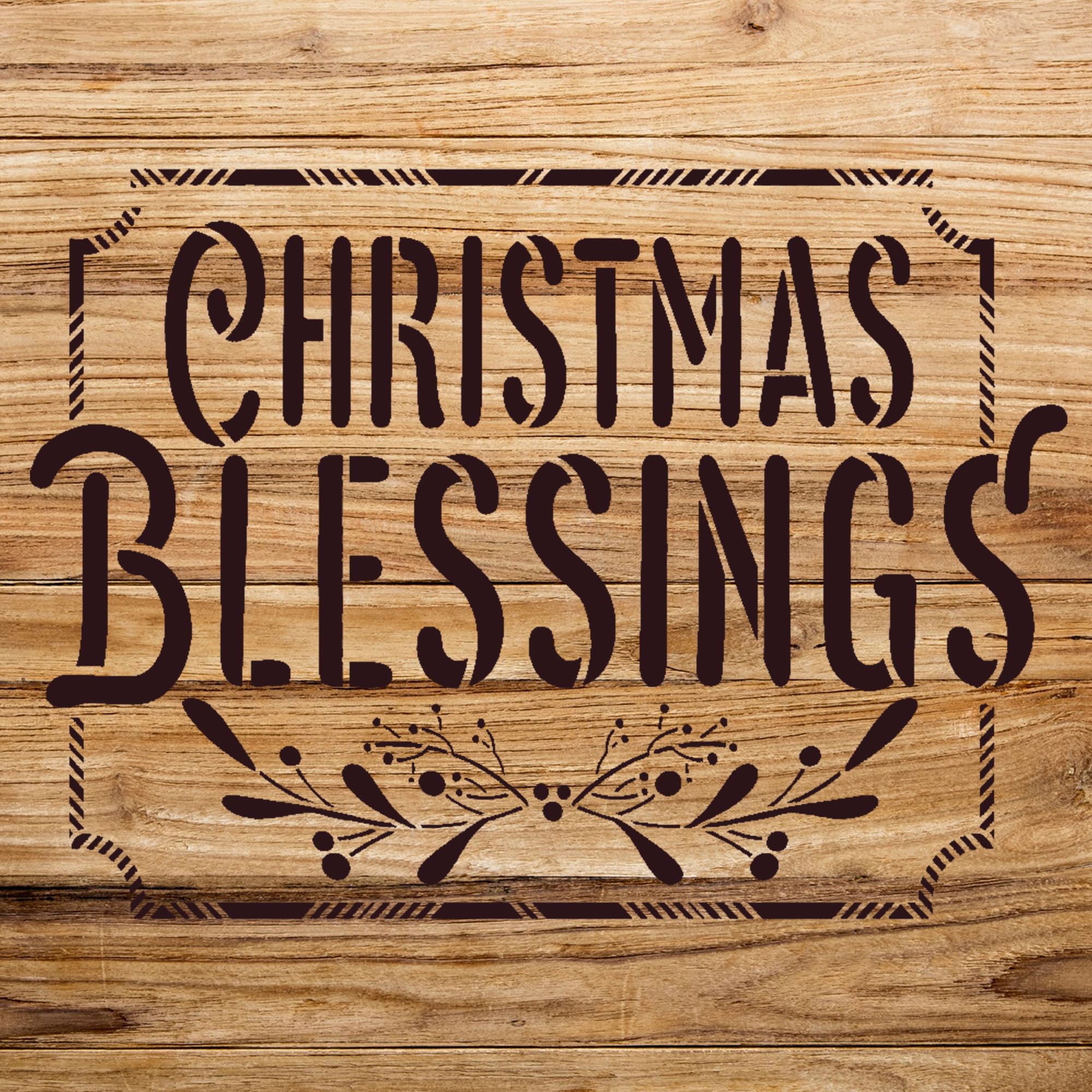 Christmas blessings stencil pattern for walls and crafts, reusable mylar template, buffalo plaid design with mistletoe and holly, ideal for holiday decor and festive projects - Size A1 (33.1