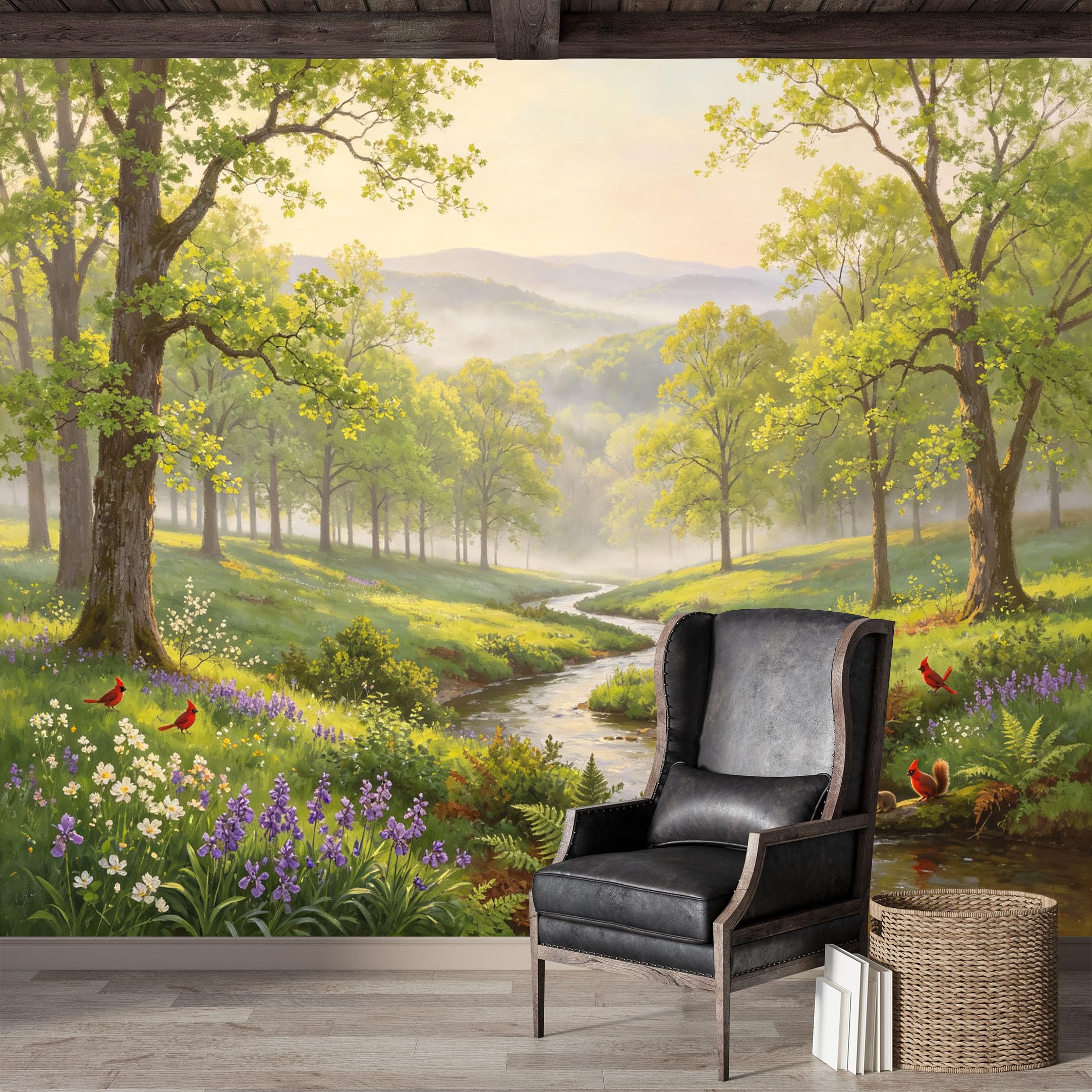 Custom Size Wall Mural,Serene Woodland Stream Birds and Squirrel Oil Painting Premium Water Activated SelfAdhesive Wallpaper,Removable Wall Covering for Indoor Home Decor