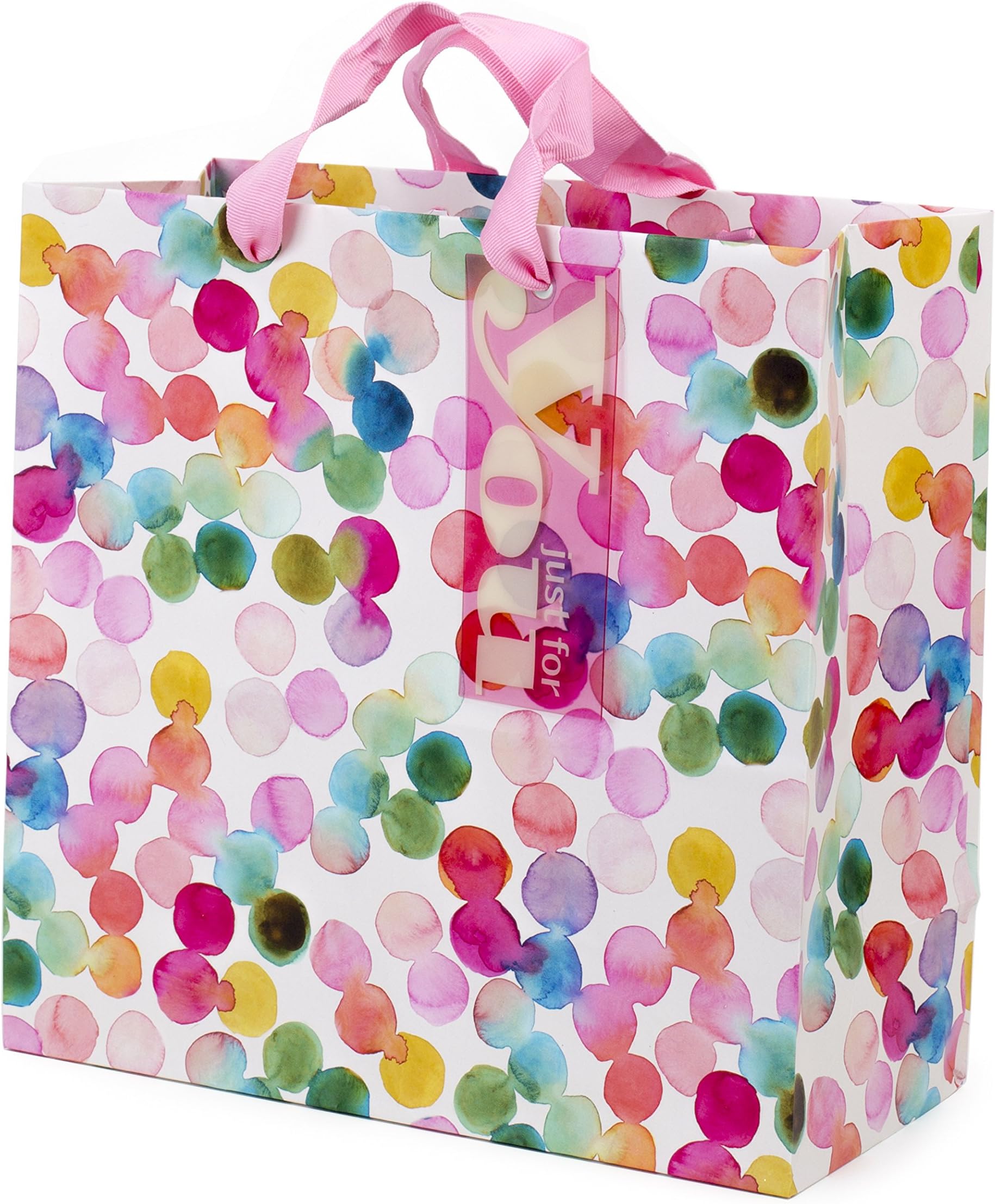10" Large Square Gift Bag (Watercolor Dots, Just for You) for Birthdays, Mothers Day, Easter, Graduations, Retirements and More