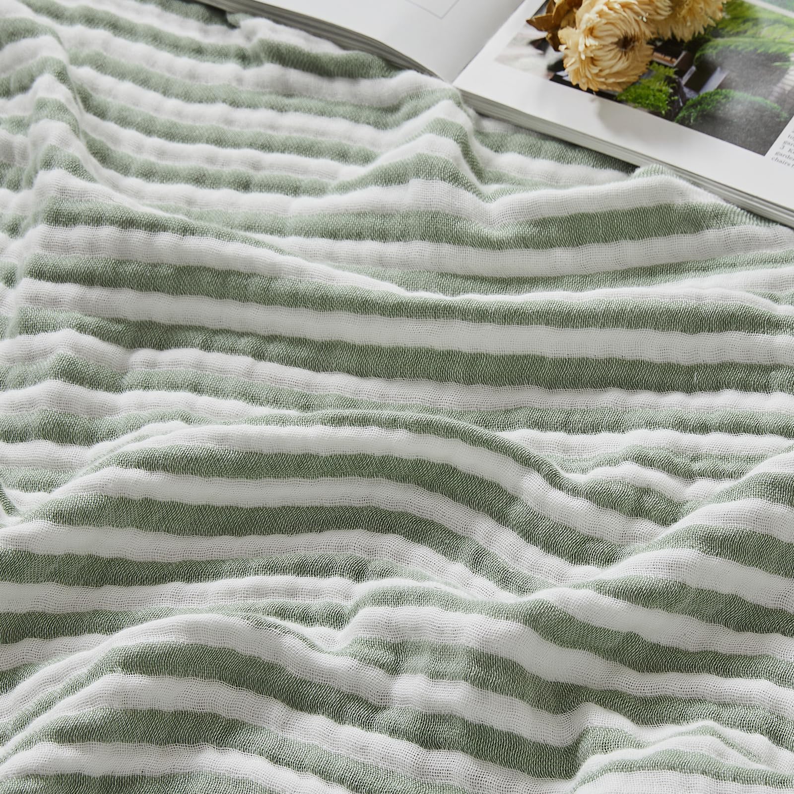 EMME Cotton Muslin Large Throw Blanket Couch Breathable Gauze Soft Lightweight Bed Blankets Adults (Striped Sage Green,167 x 228) โ image 1