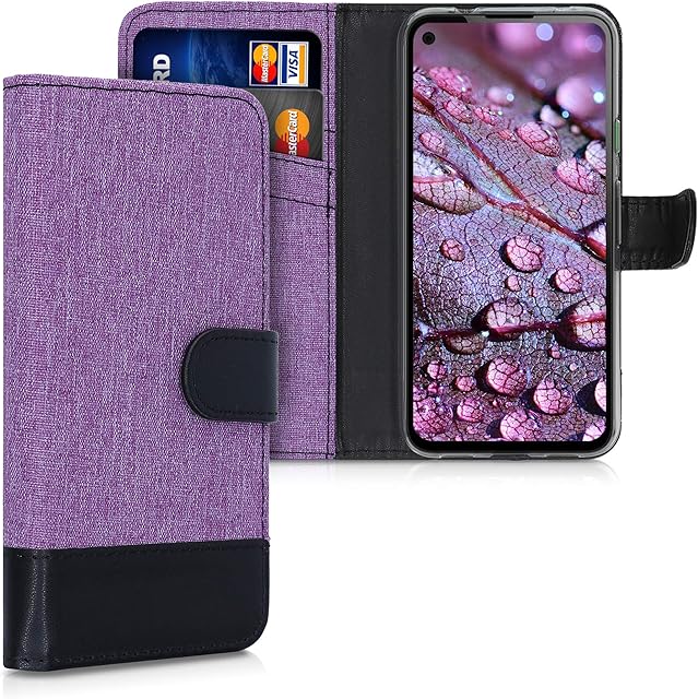 kwmobile Wallet Case Compatible with Google Pixel 4a - Case Fabric and Faux Leather Phone Flip Cover - Violet/Black