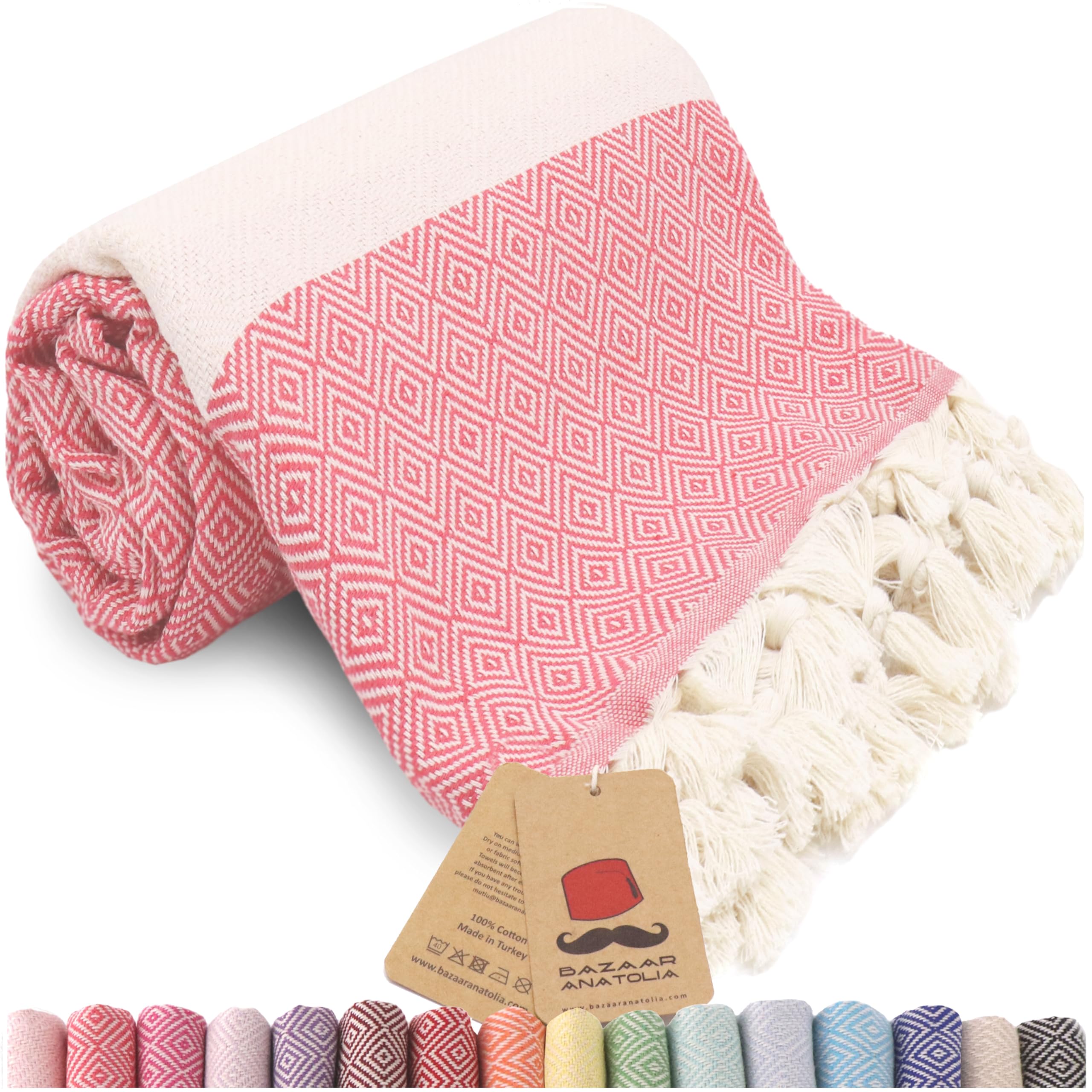Bazaar Anatolia Diamond Turkish Towel 100% Cotton Peshtemal Bath Towel 77x38 Thin Lightweight Travel Camping Bath Sauna Beach Gym Pool Blanket Fouta Bridesmaid Gift Quick Dry Towels (Living Coral)