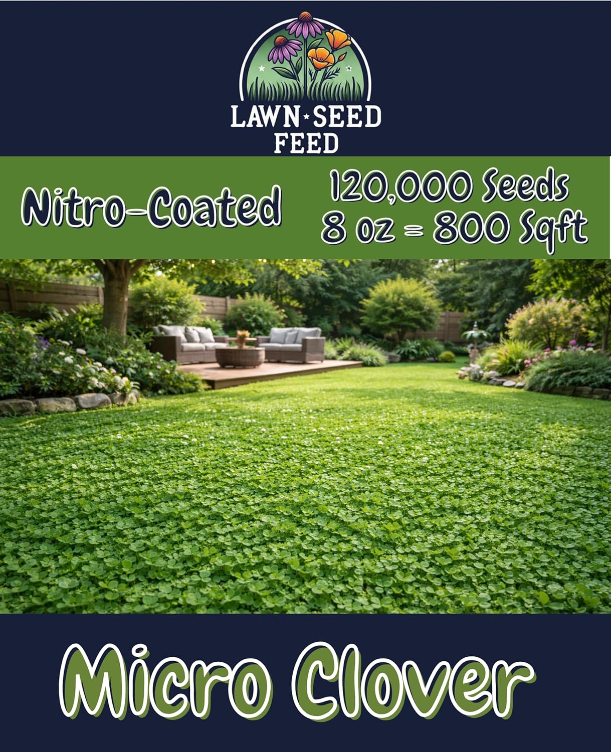 Micro Clover - (8oz) Nitro-Coated, 120,000 Total Seed - Covers Up to 1,000 Sqft! Transform Your Lawn with Seeds that are Eco-Friendly, Low Maintenance, and Drought-Tolerant.